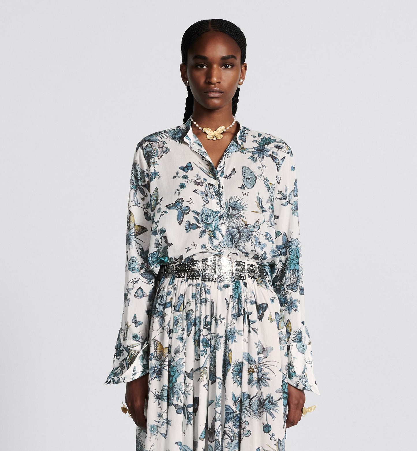 Blouse • White and Pastel Midnight Blue Cotton Voile with Toile de Jouy Mexico Motif