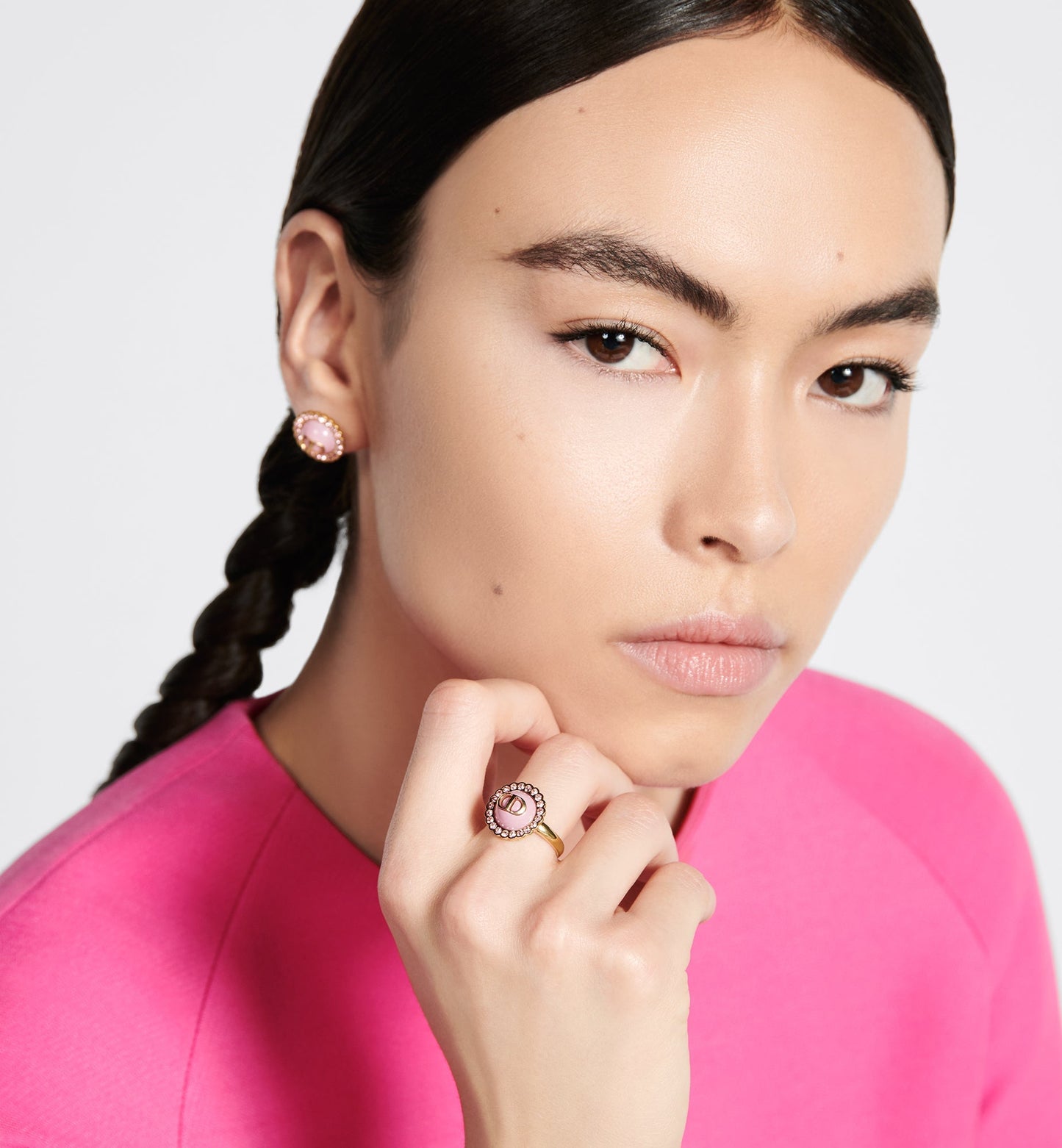 Petit CD Stud Earrings • Gold-Finish Metal, Pink Crystals and Light Pink Glass