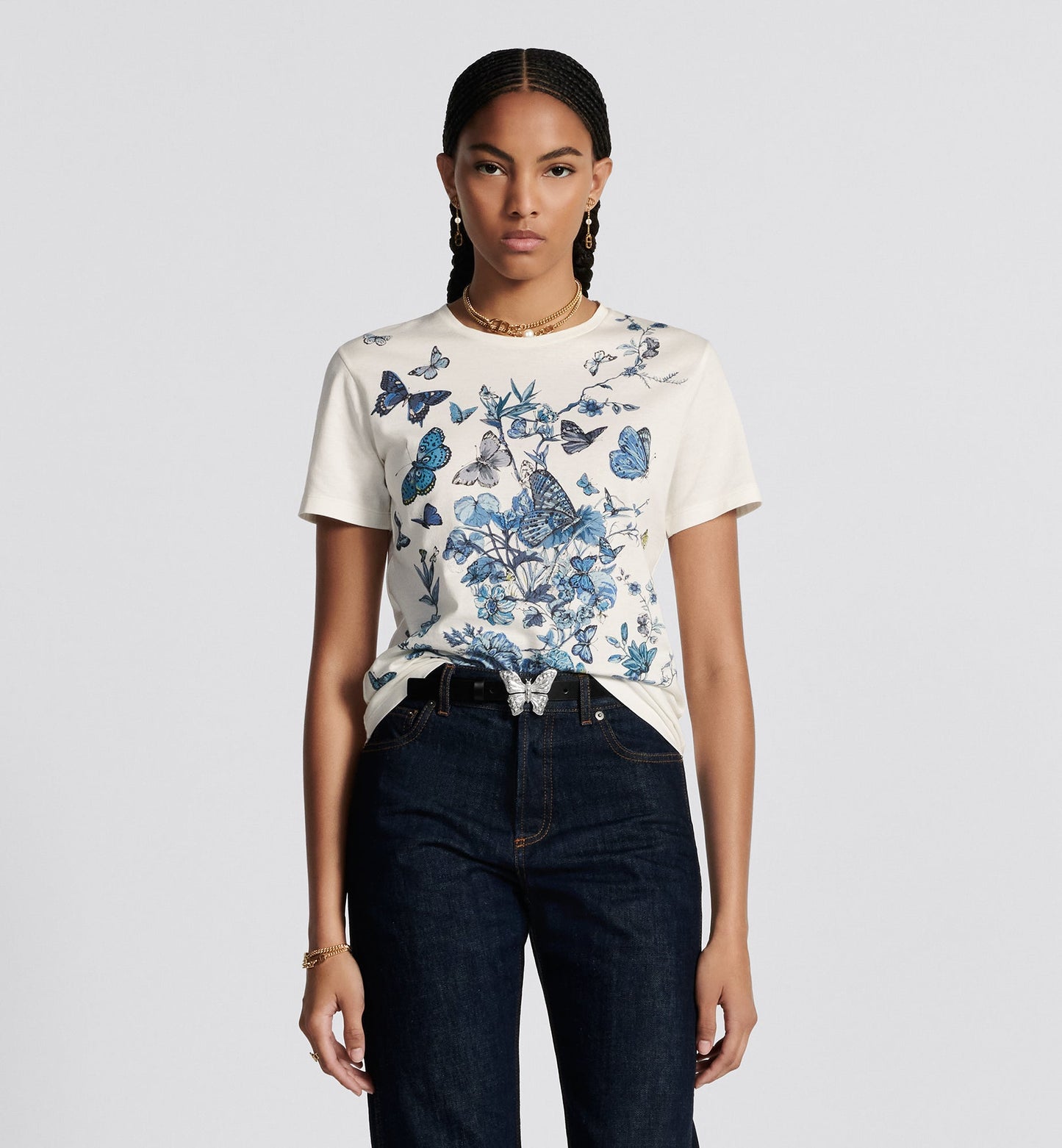 T-Shirt • White Cotton Jersey with Pastel Midnight Blue Toile de Jouy Mexico Motif