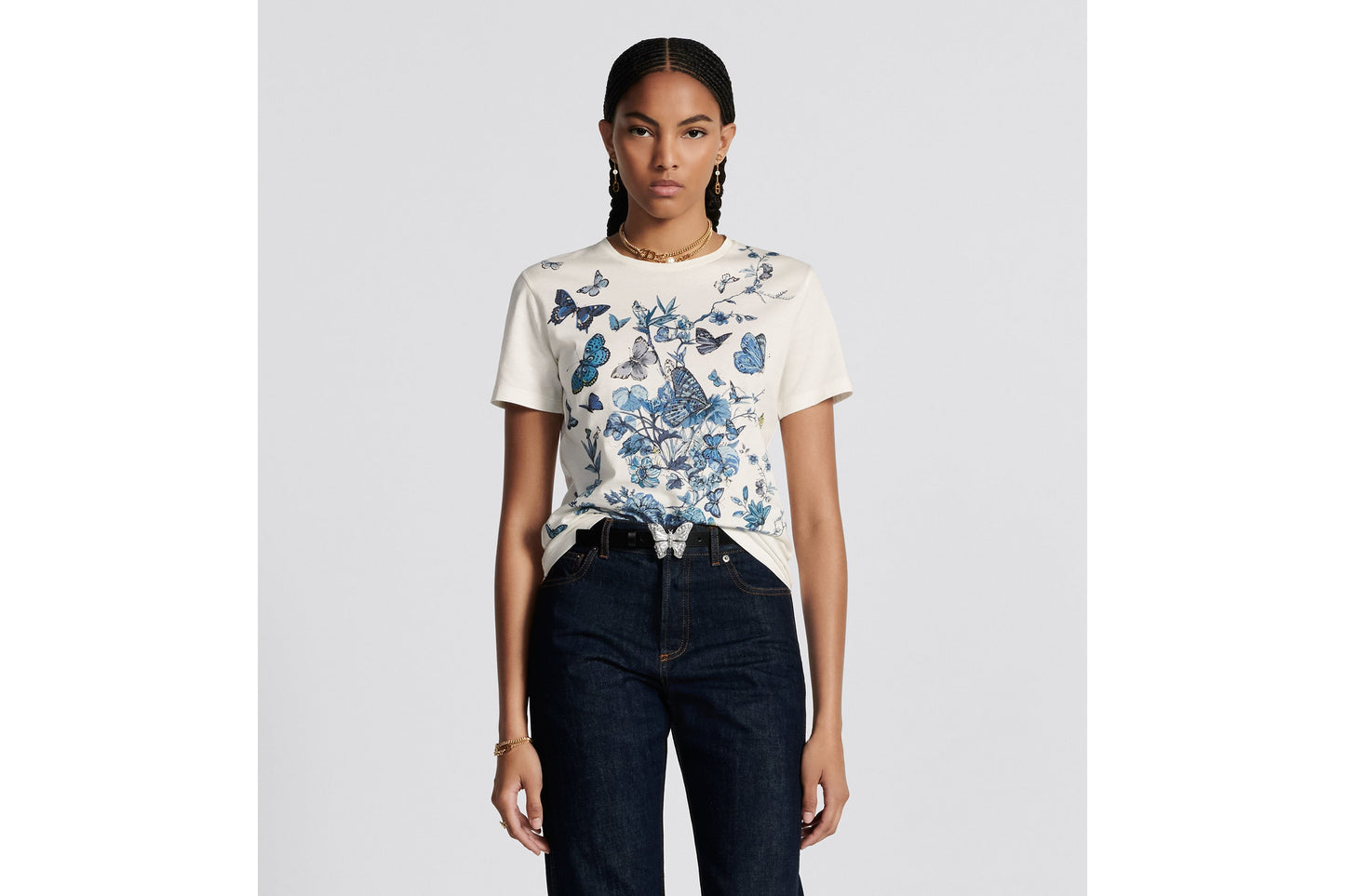 T-Shirt • White Cotton Jersey with Pastel Midnight Blue Toile de Jouy Mexico Motif