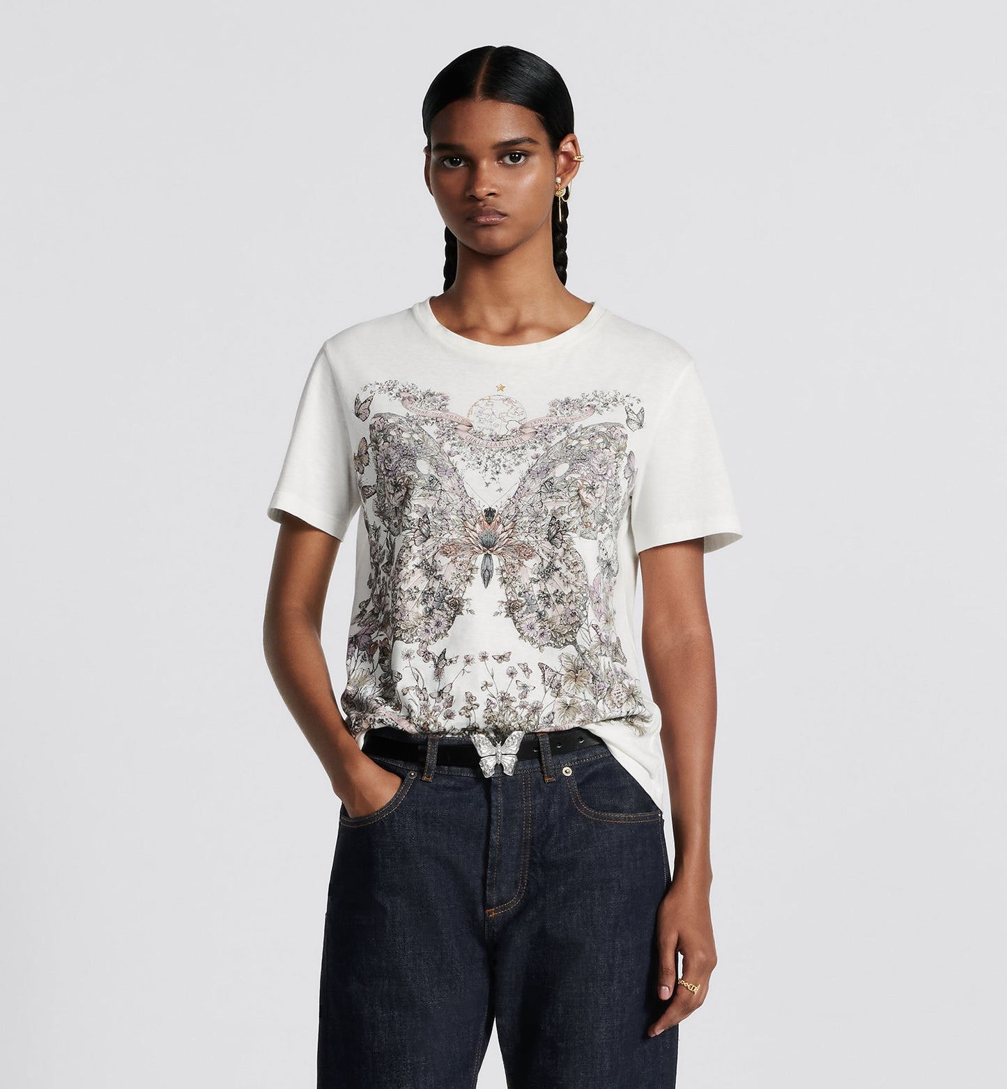 T-Shirt • White Cotton and Linen Jersey with Pastel Pink Butterfly Around The World Motif