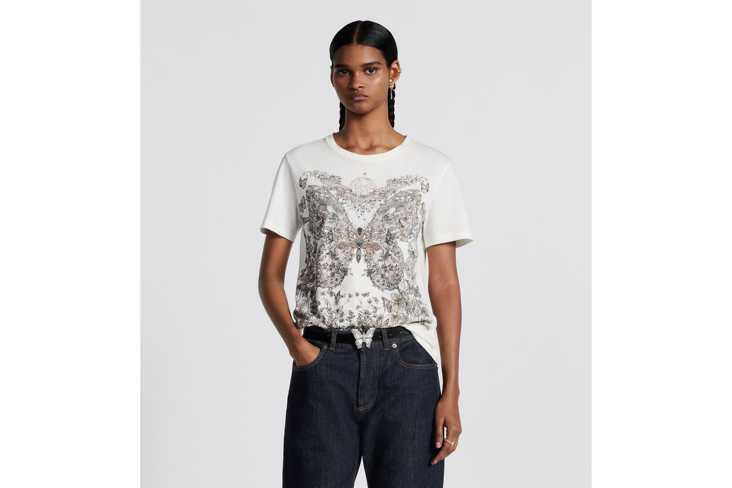 T-Shirt • White Cotton and Linen Jersey with Pastel Pink Butterfly Around The World Motif