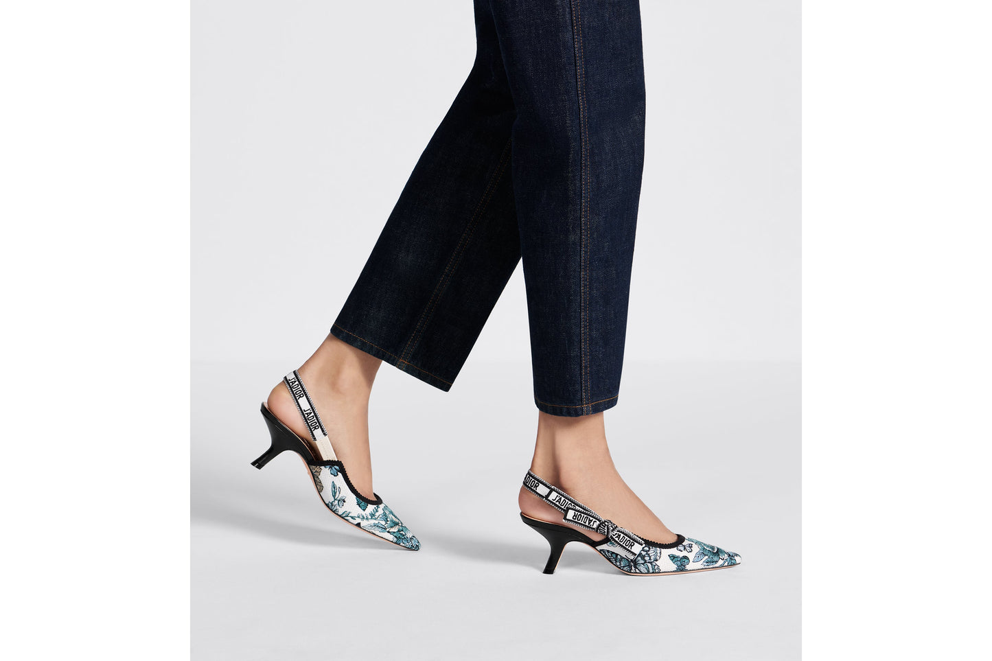 J'Adior Slingback Pump • Pastel Midnight Blue Multicolor Embroidered Cotton with Toile de Jouy Mexico Motif