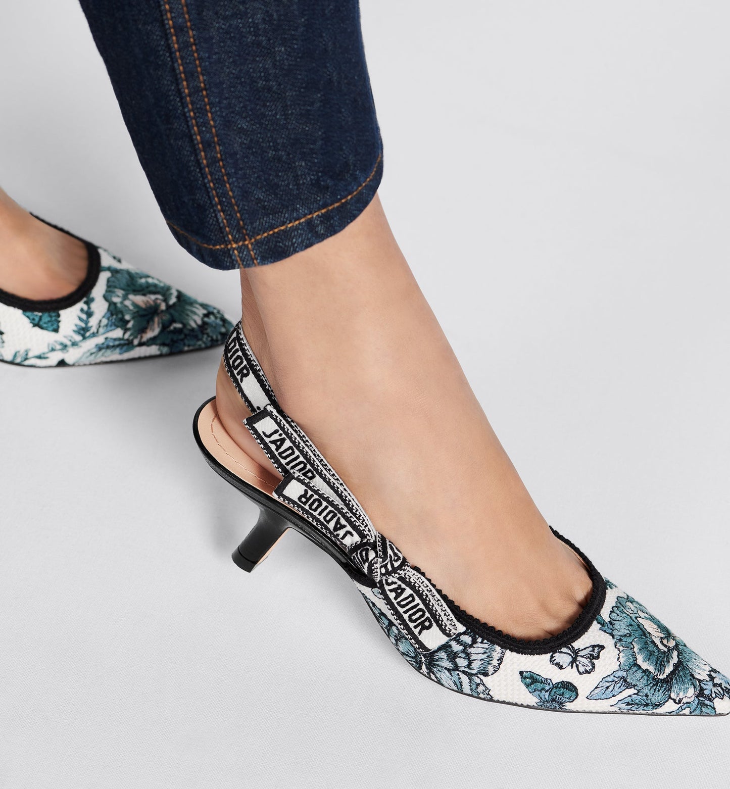 J'Adior Slingback Pump • Pastel Midnight Blue Multicolor Embroidered Cotton with Toile de Jouy Mexico Motif