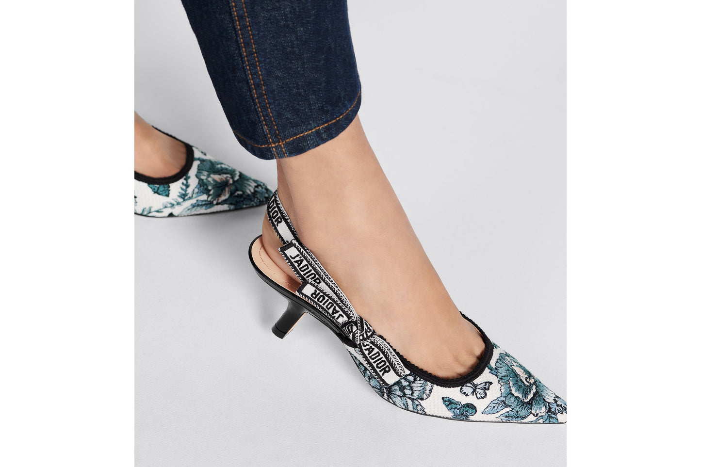 J'Adior Slingback Pump • Pastel Midnight Blue Multicolor Embroidered Cotton with Toile de Jouy Mexico Motif