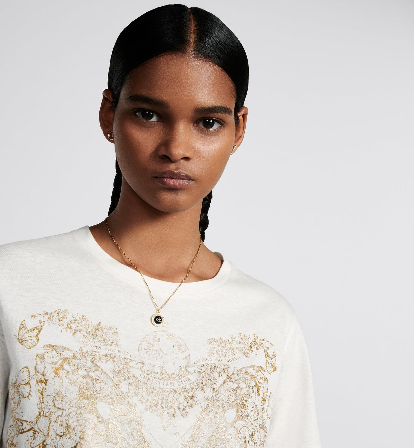 Petit CD Necklace • Gold-Finish Metal with White Resin Pearls and Black Glass