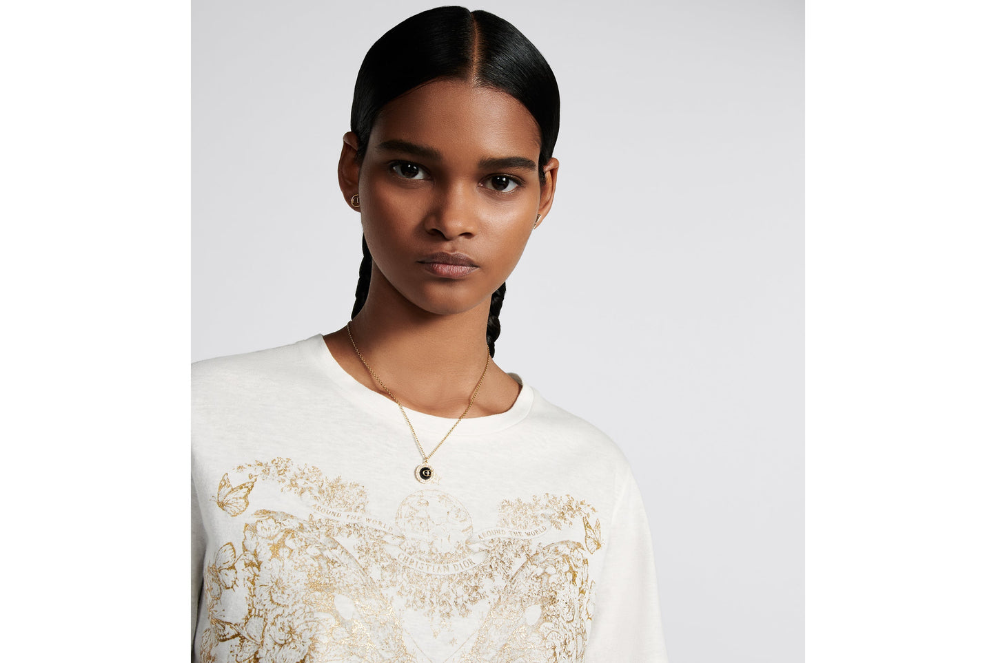 Petit CD Necklace • Gold-Finish Metal with White Resin Pearls and Black Glass