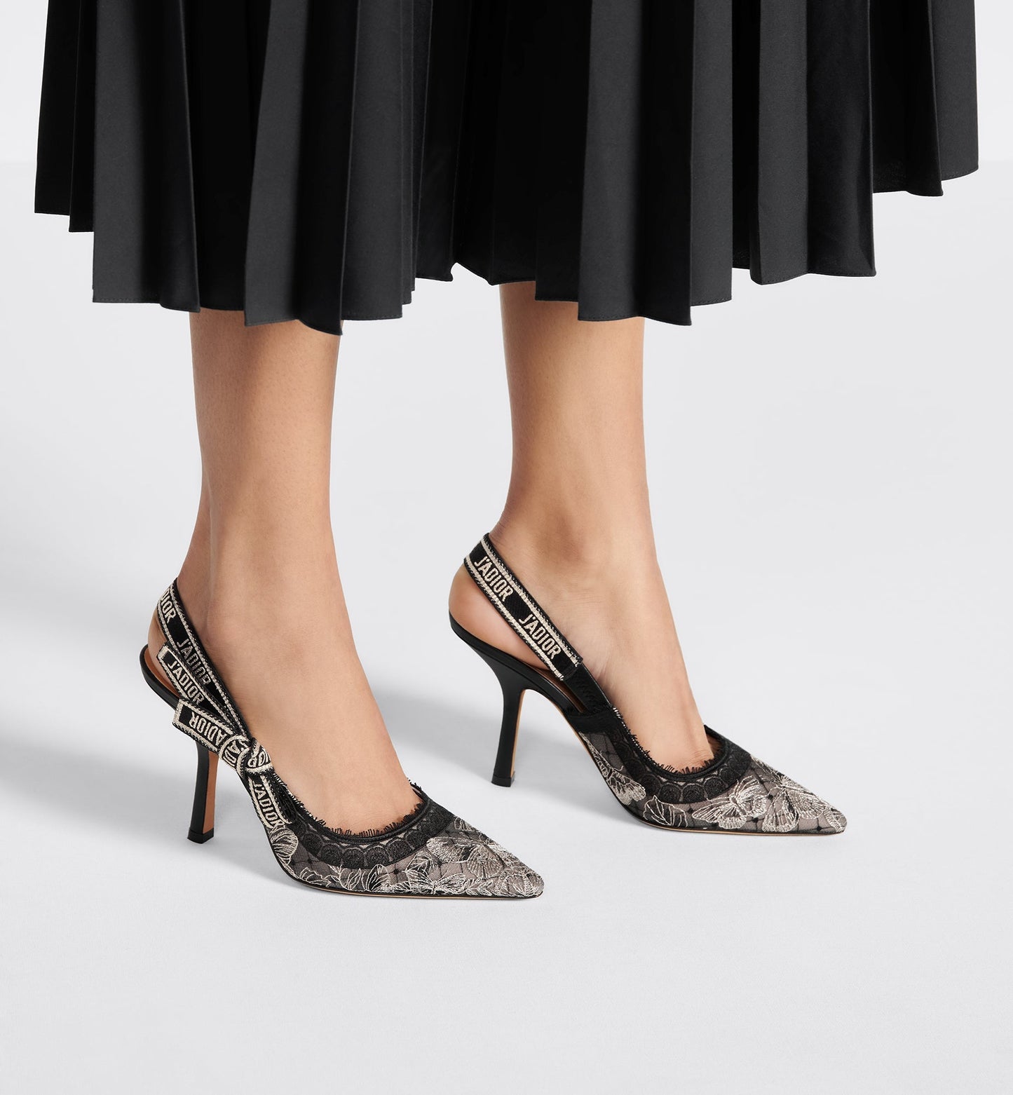 J'Adior Slingback Pump • Transparent Mesh Embroidered with Black and Gold-Tone Butterfly Motif and Metallic Thread