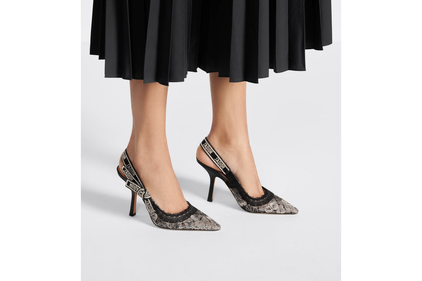 J'Adior Slingback Pump • Transparent Mesh Embroidered with Black and Gold-Tone Butterfly Motif and Metallic Thread