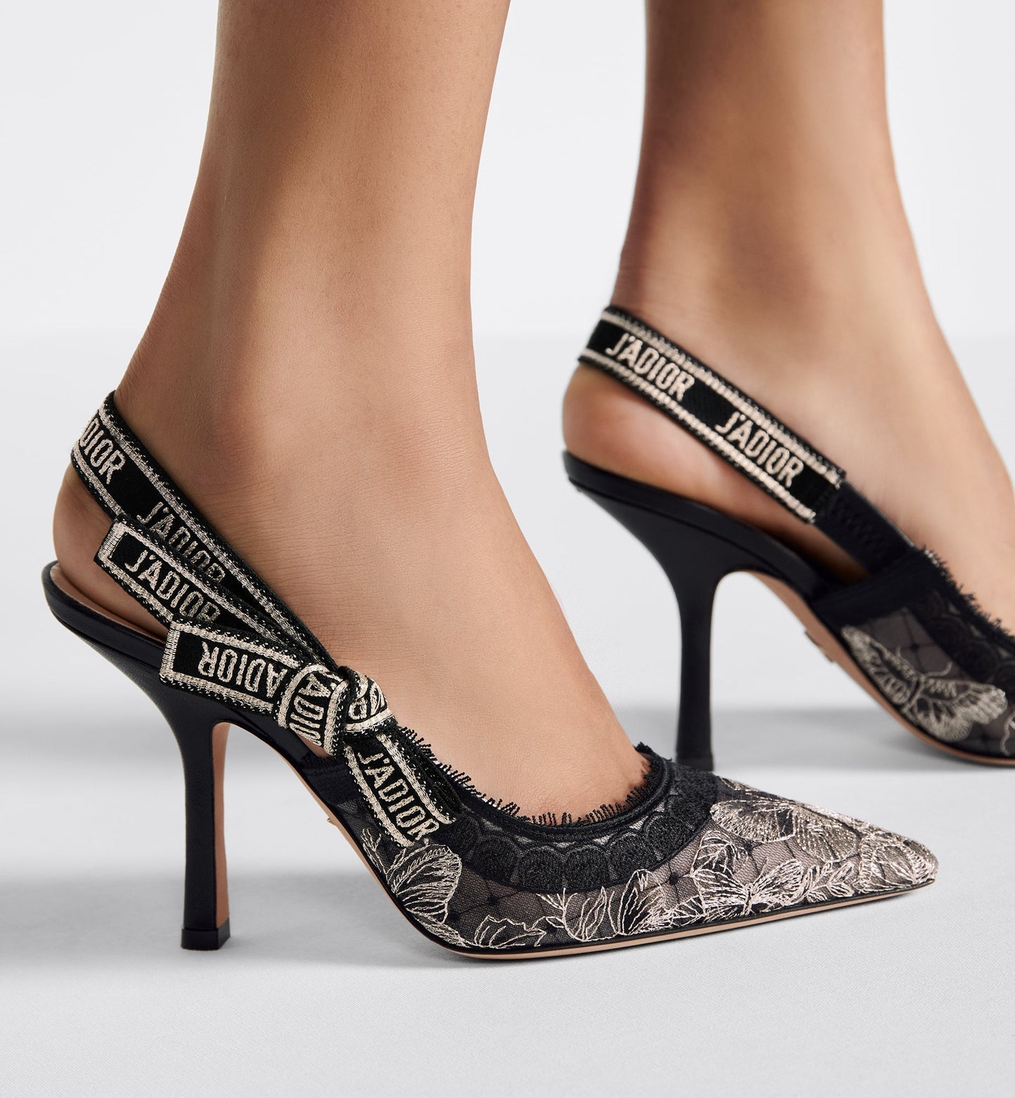 J'Adior Slingback Pump • Transparent Mesh Embroidered with Black and Gold-Tone Butterfly Motif and Metallic Thread