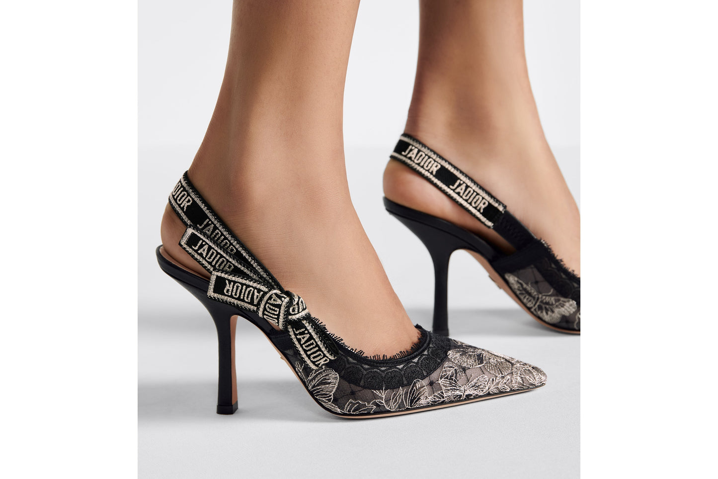 J'Adior Slingback Pump • Transparent Mesh Embroidered with Black and Gold-Tone Butterfly Motif and Metallic Thread