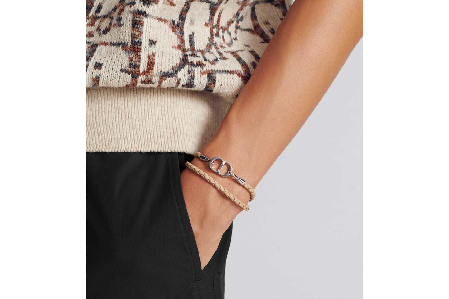 CD Icon Braided Leather Bracelet • Brown Calfskin and Silver-Finish Brass