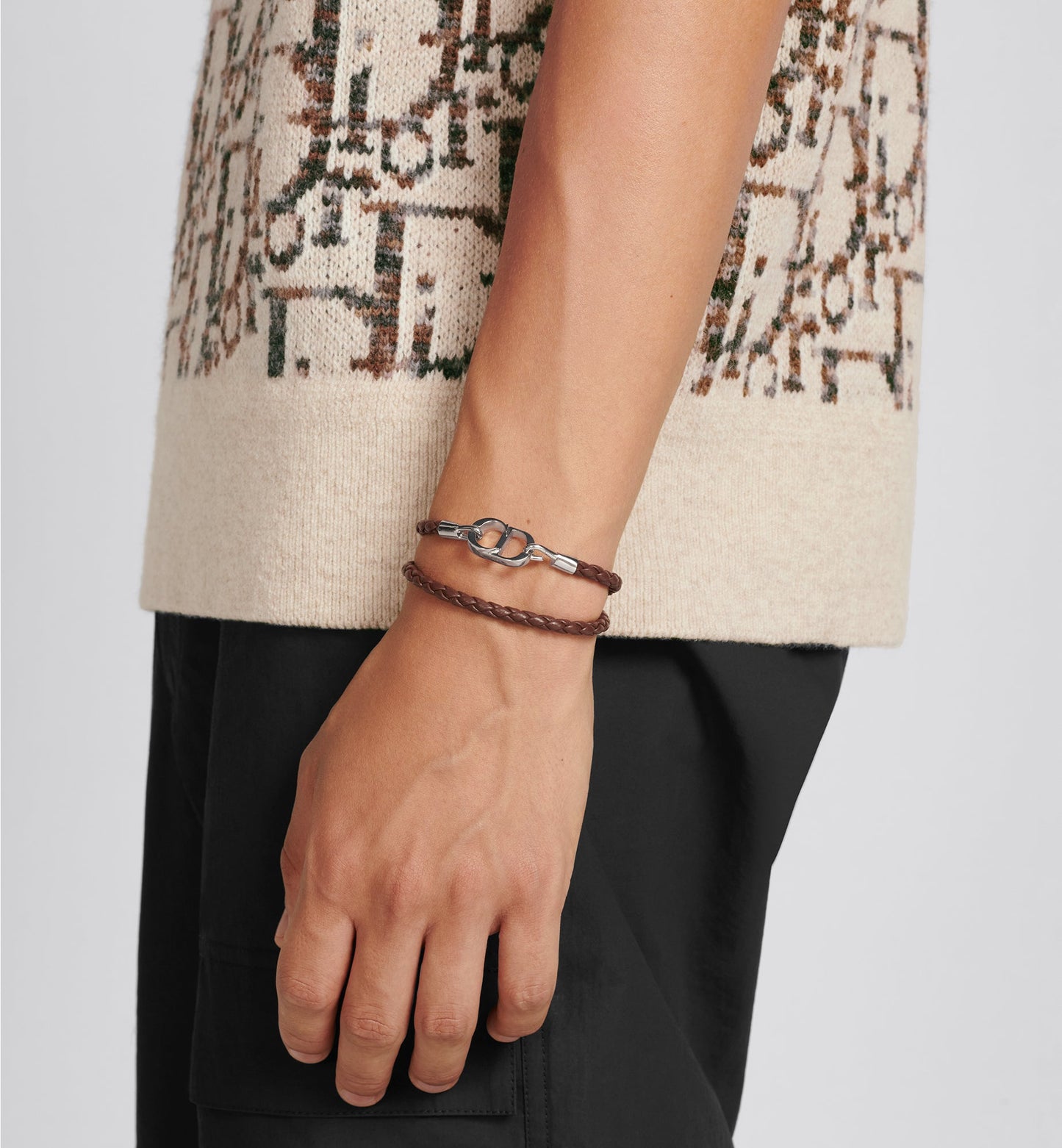 CD Icon Braided Leather Bracelet • Brown Calfskin and Silver-Finish Brass