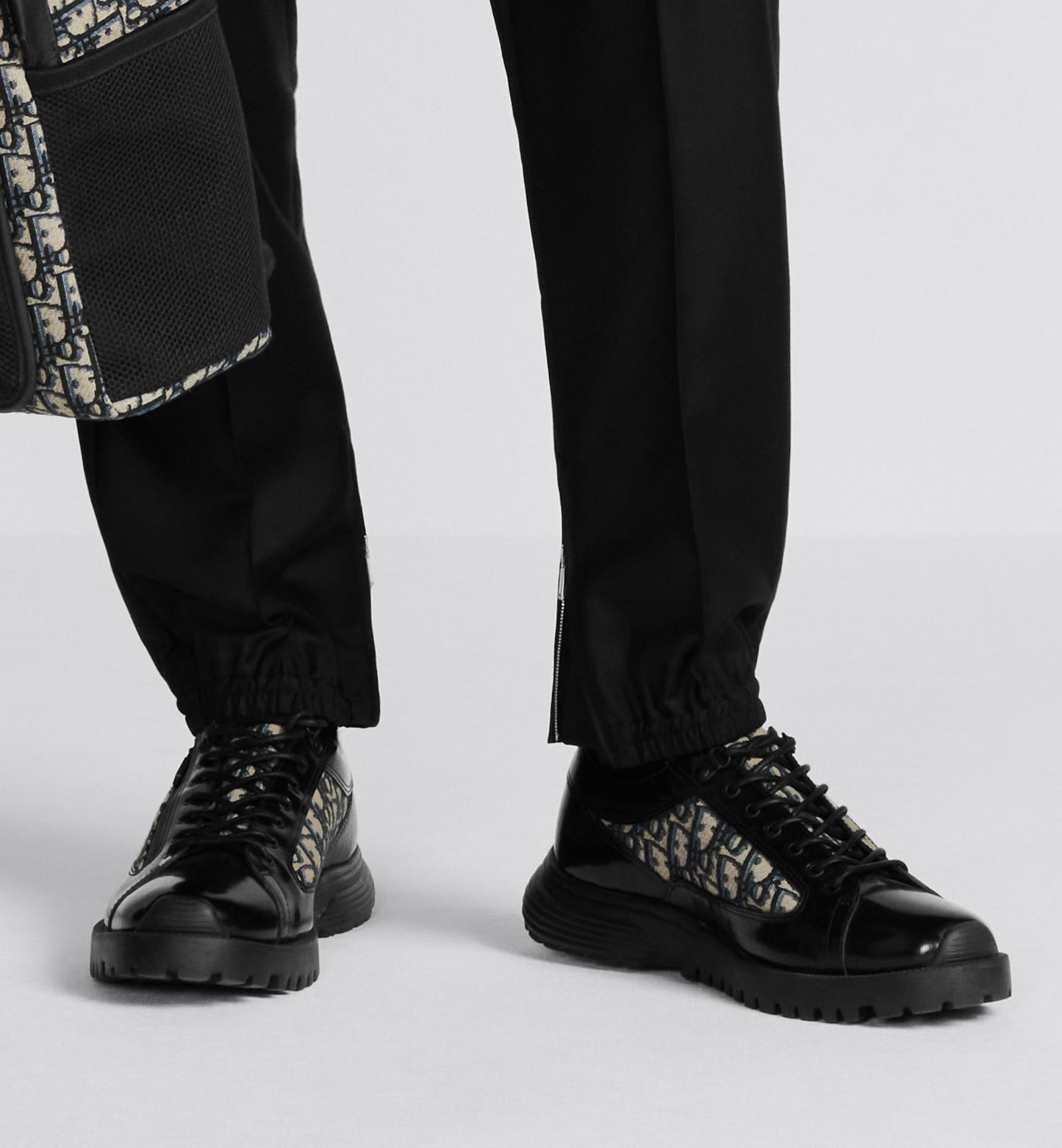 Dior Combat Derby Shoe • Black Polished Calfskin with Beige and Black Dior Oblique Jacquard