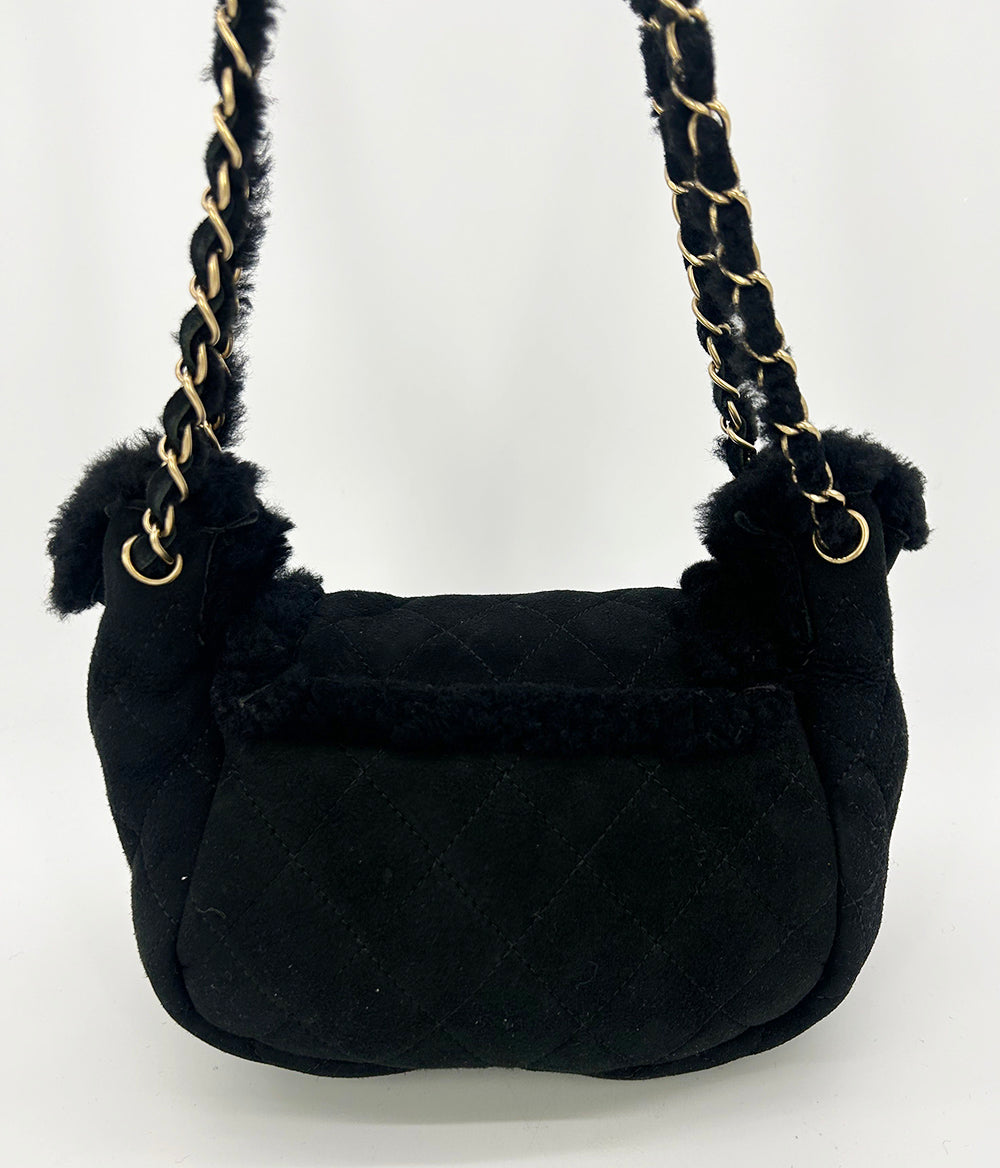 Chanel Black Suede Shearling Small Accordion Flap Bag