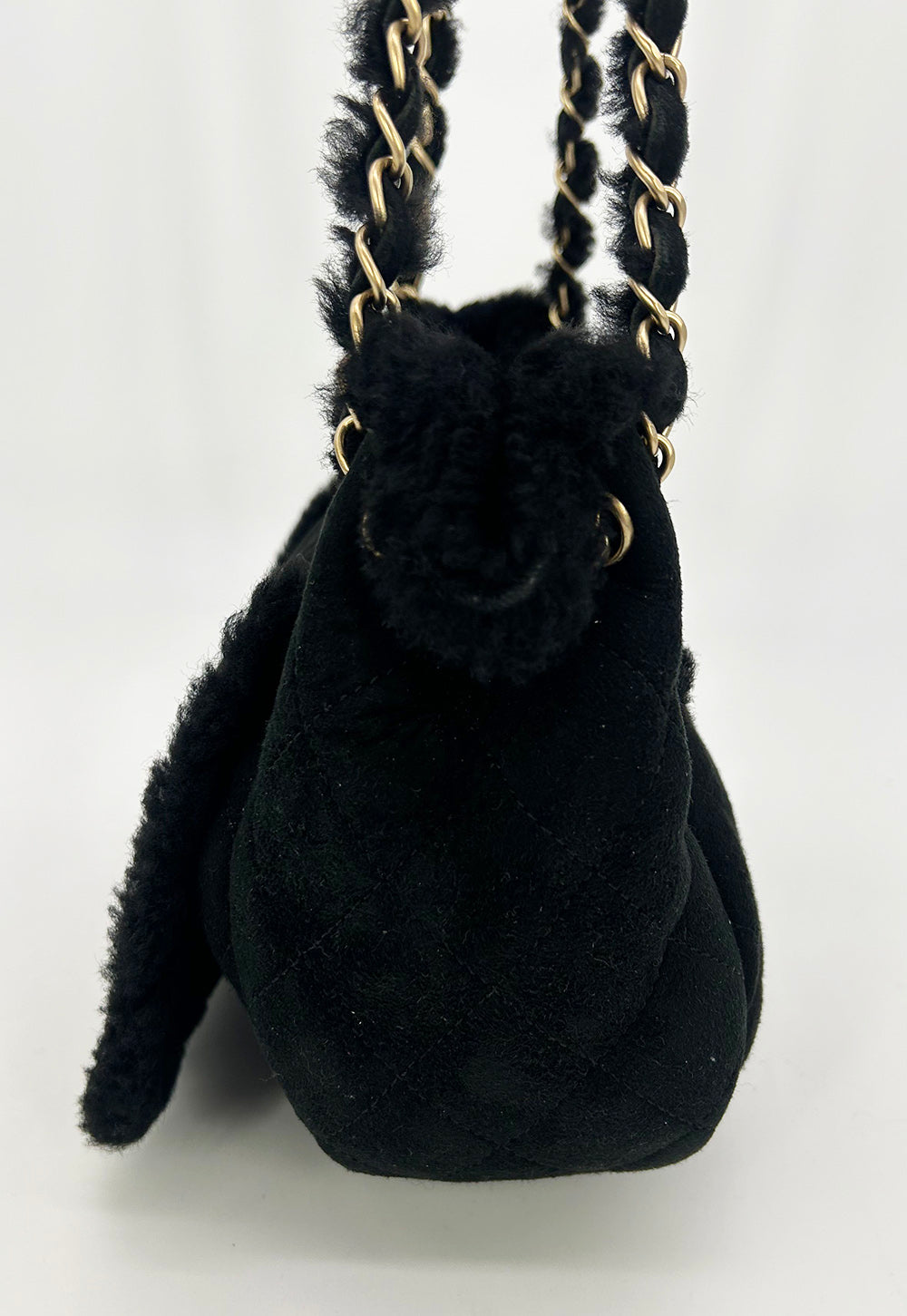 Chanel Black Suede Shearling Small Accordion Flap Bag