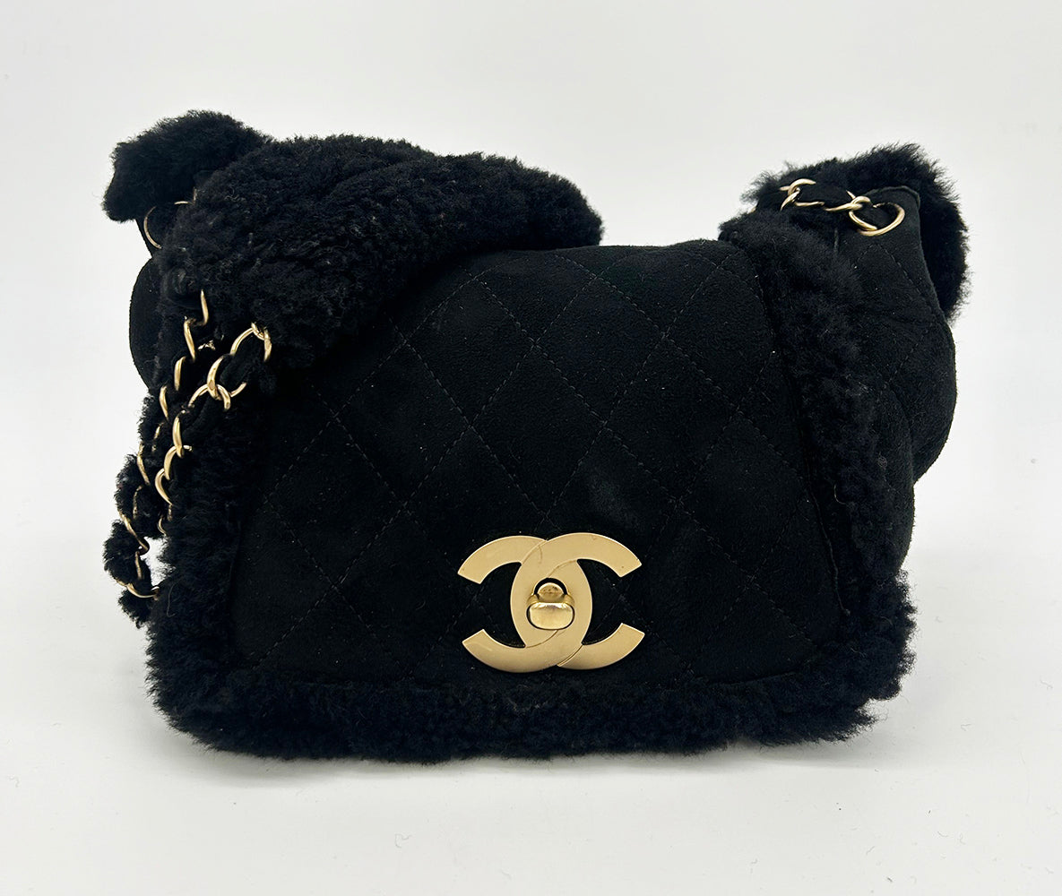Chanel Black Suede Shearling Small Accordion Flap Bag