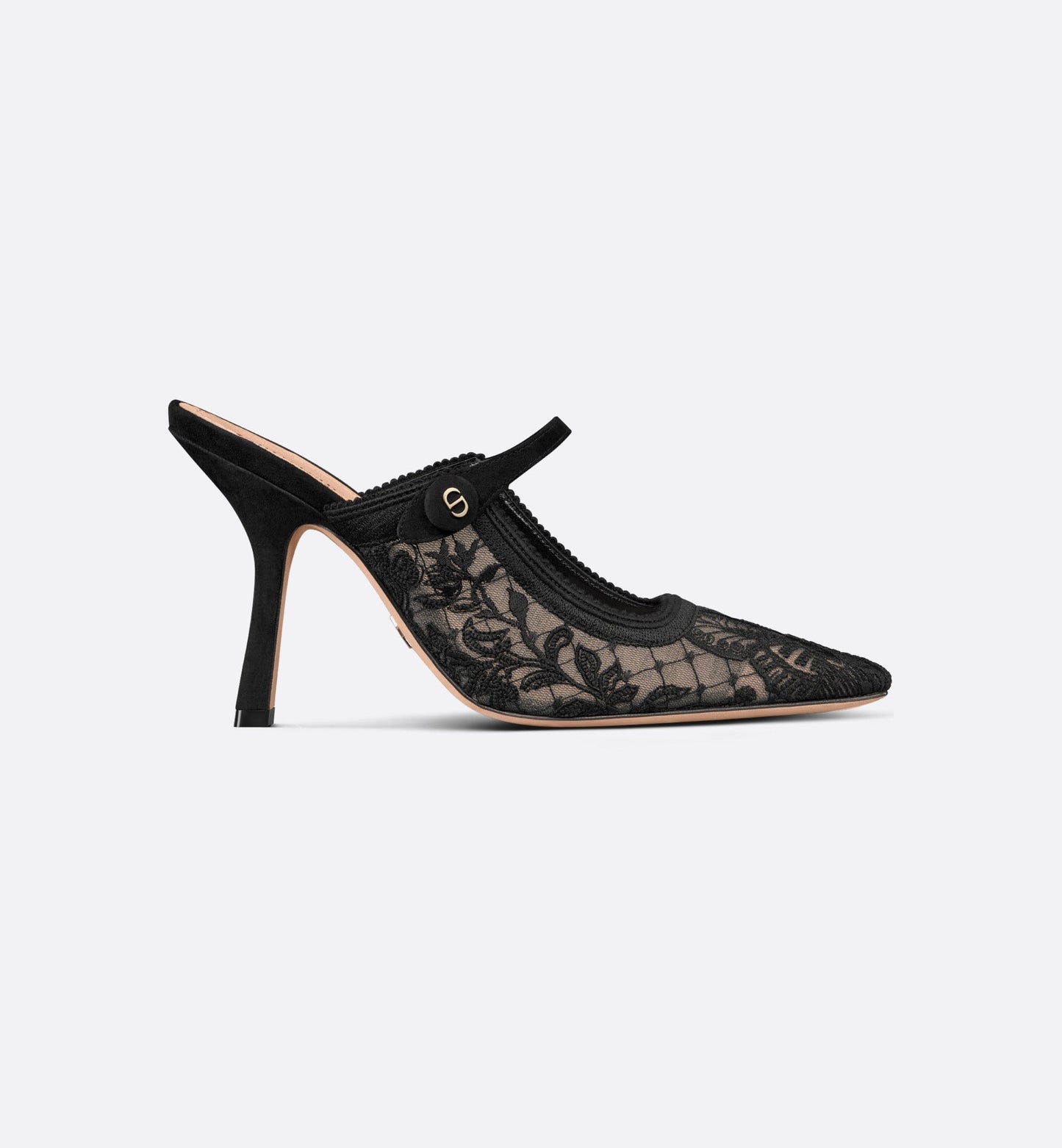 Dior Capture Heeled Mule • Transparent Mesh Embroidered with Black Butterfly Motif and Suede Calfskin