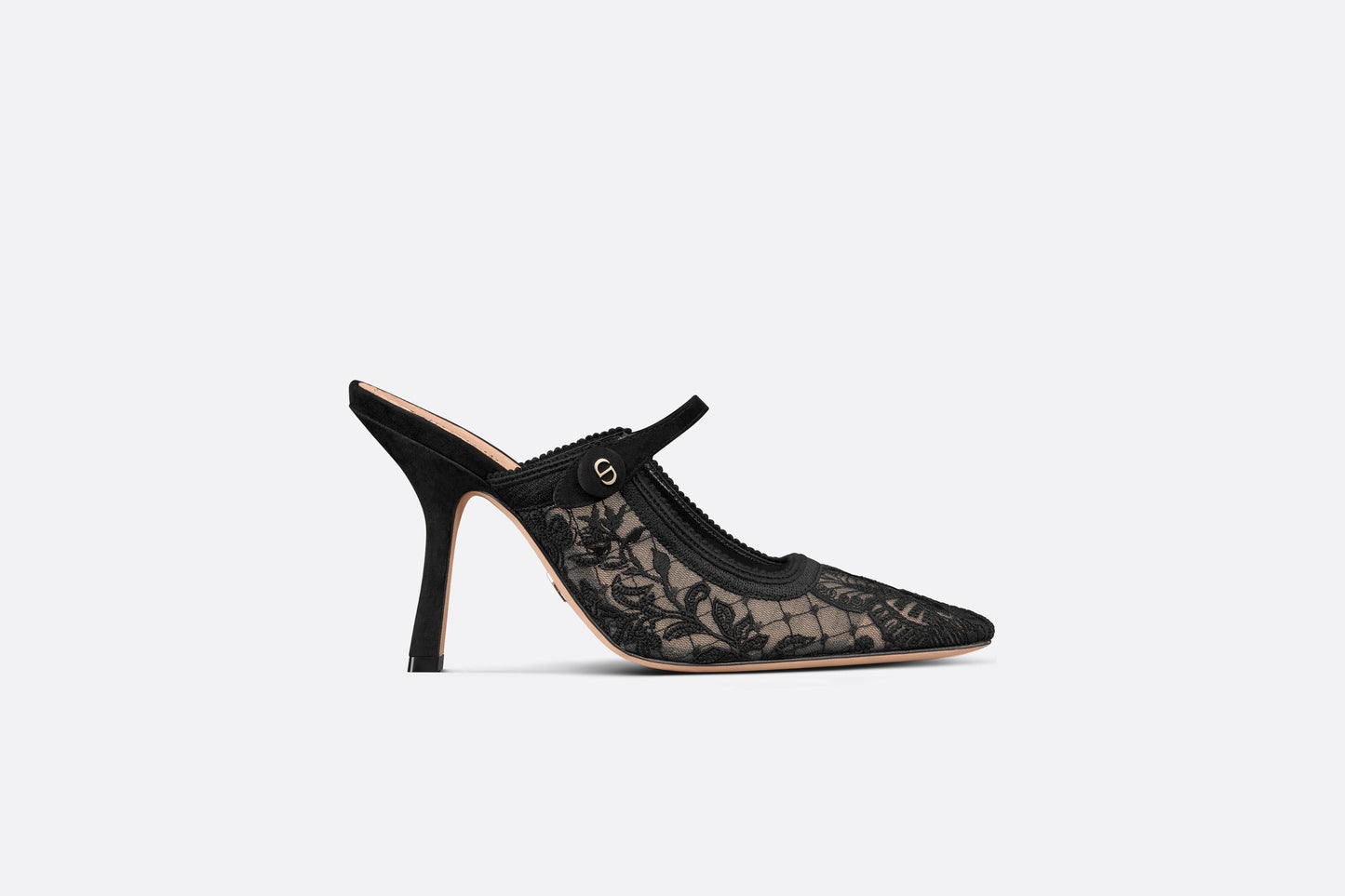 Dior Capture Heeled Mule • Transparent Mesh Embroidered with Black Butterfly Motif and Suede Calfskin