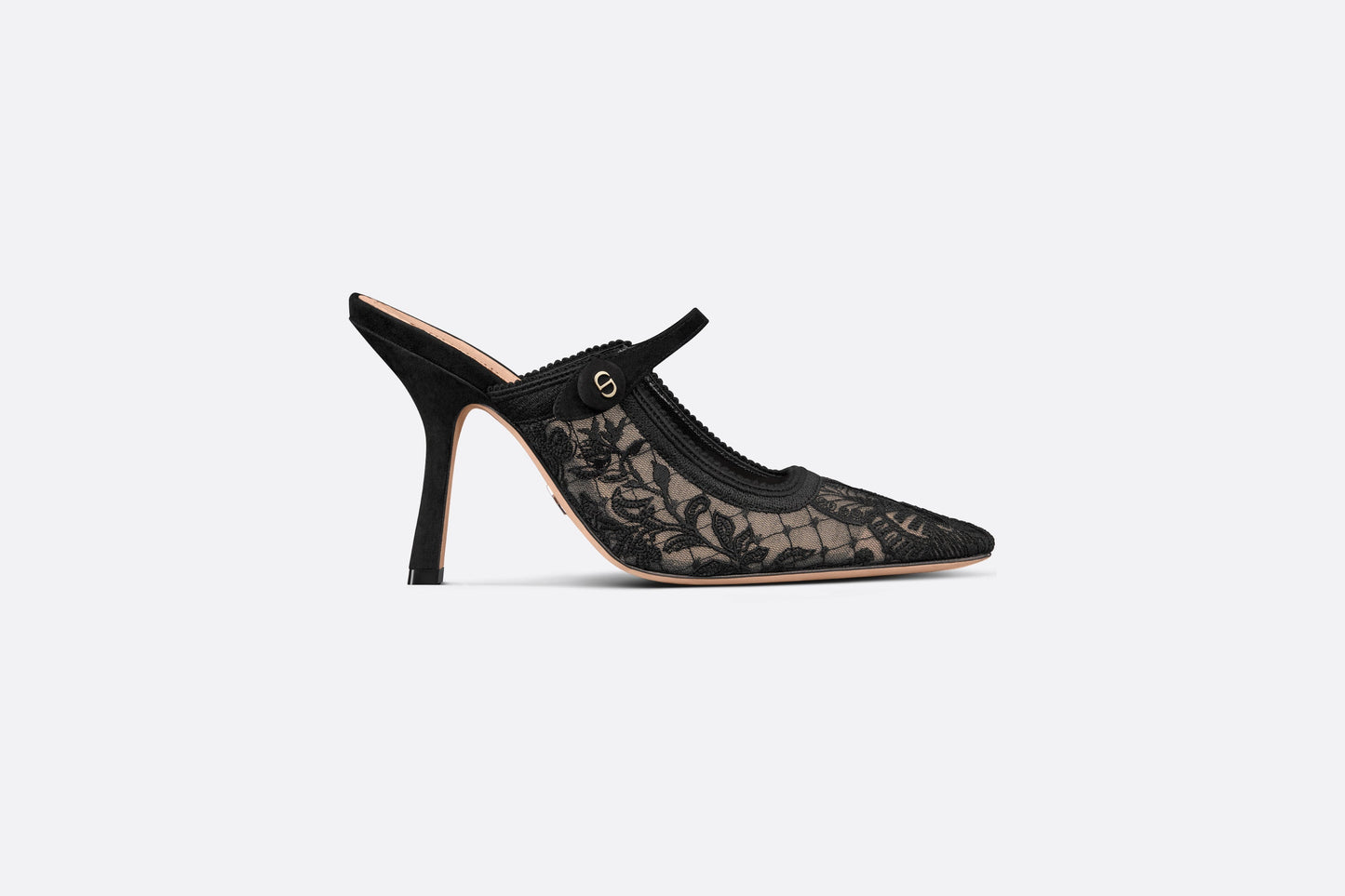 Dior Capture Heeled Mule • Transparent Mesh Embroidered with Black Butterfly Motif and Suede Calfskin