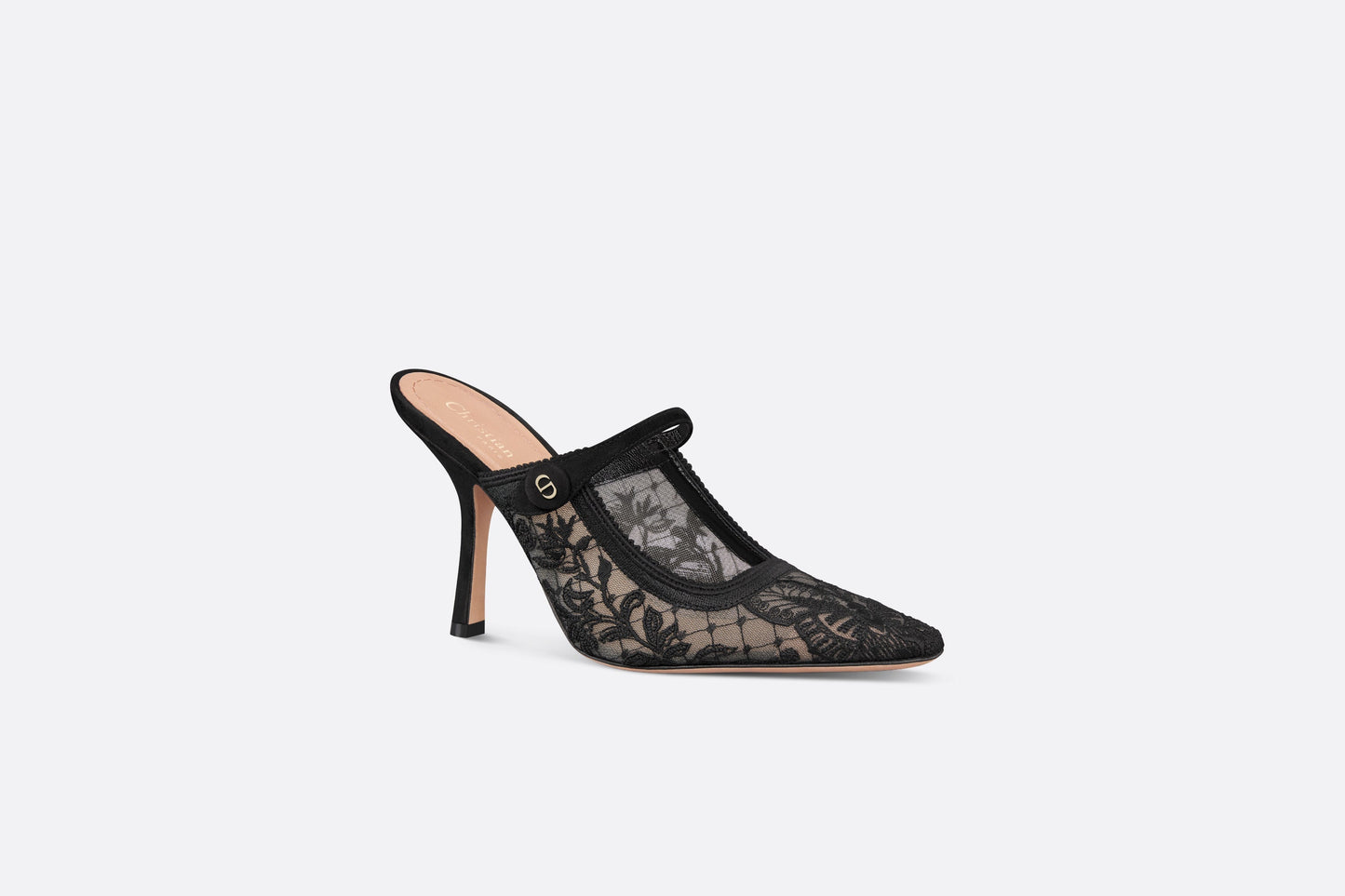 Dior Capture Heeled Mule • Transparent Mesh Embroidered with Black Butterfly Motif and Suede Calfskin
