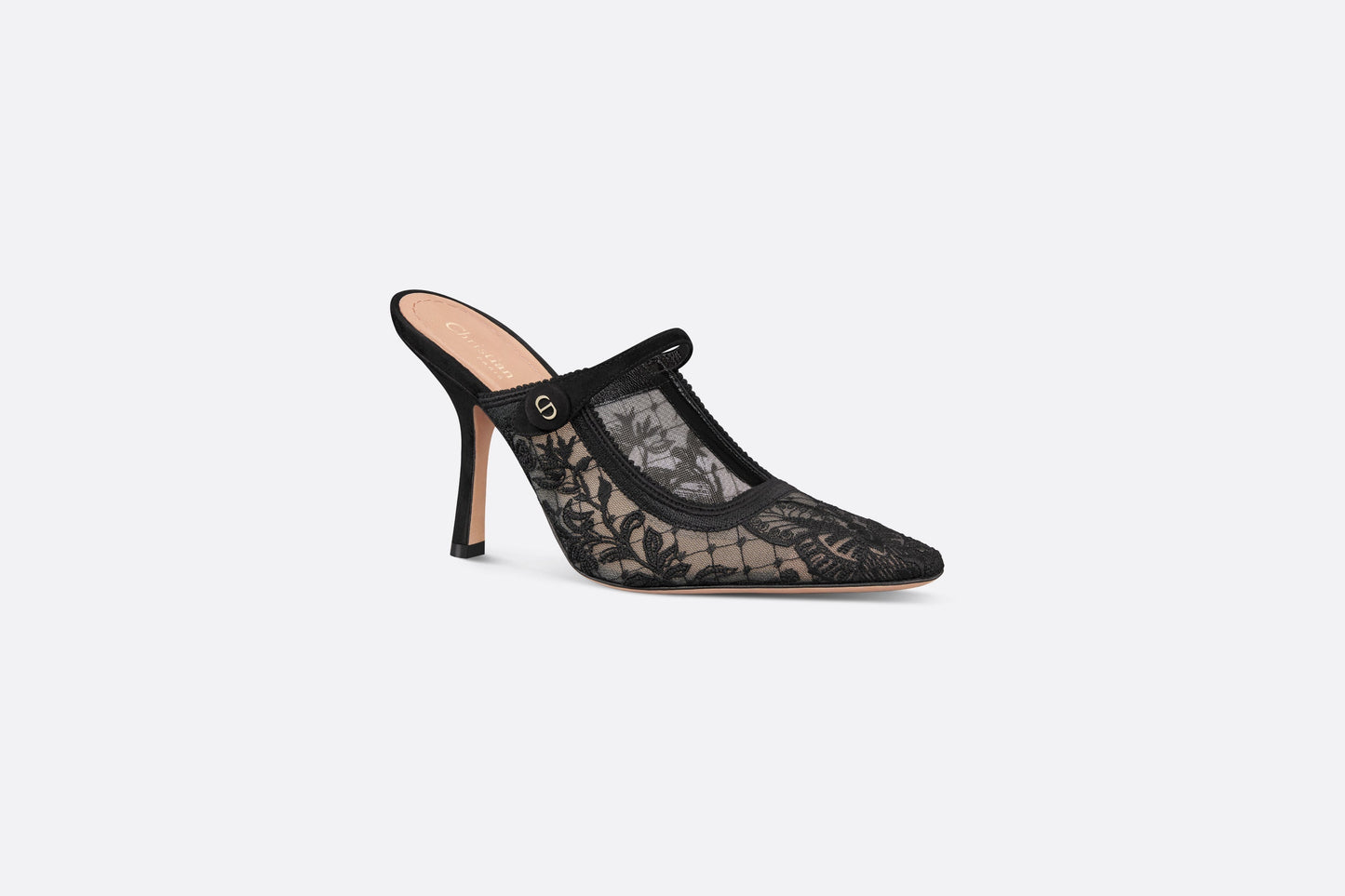 Dior Capture Heeled Mule • Transparent Mesh Embroidered with Black Butterfly Motif and Suede Calfskin