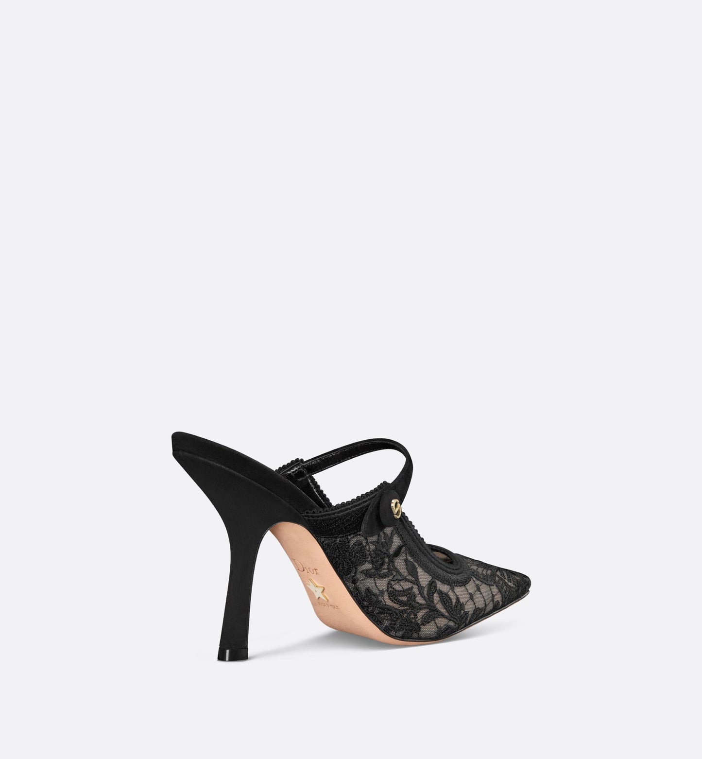 Dior Capture Heeled Mule • Transparent Mesh Embroidered with Black Butterfly Motif and Suede Calfskin