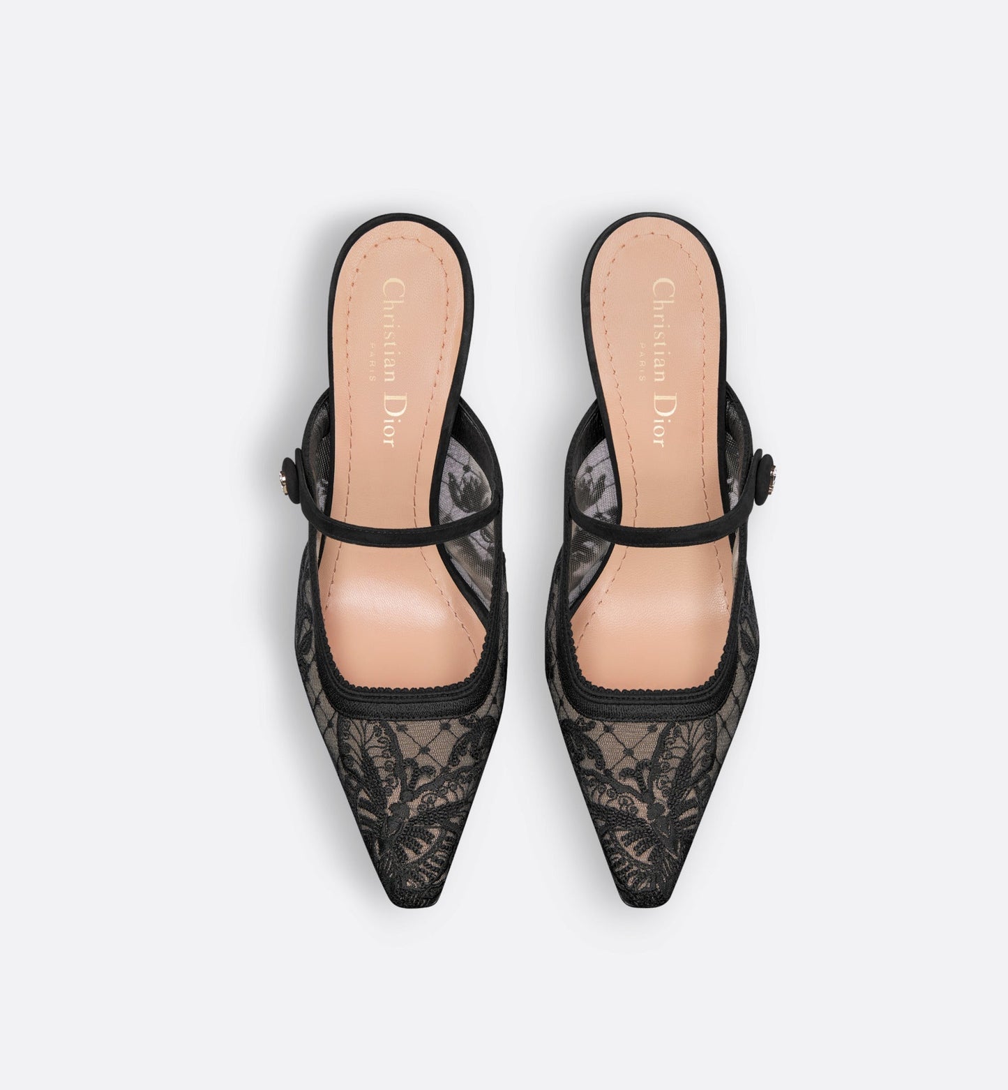 Dior Capture Heeled Mule • Transparent Mesh Embroidered with Black Butterfly Motif and Suede Calfskin