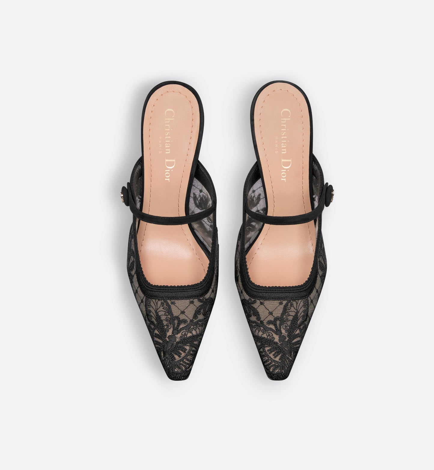 Dior Capture Heeled Mule • Transparent Mesh Embroidered with Black Butterfly Motif and Suede Calfskin