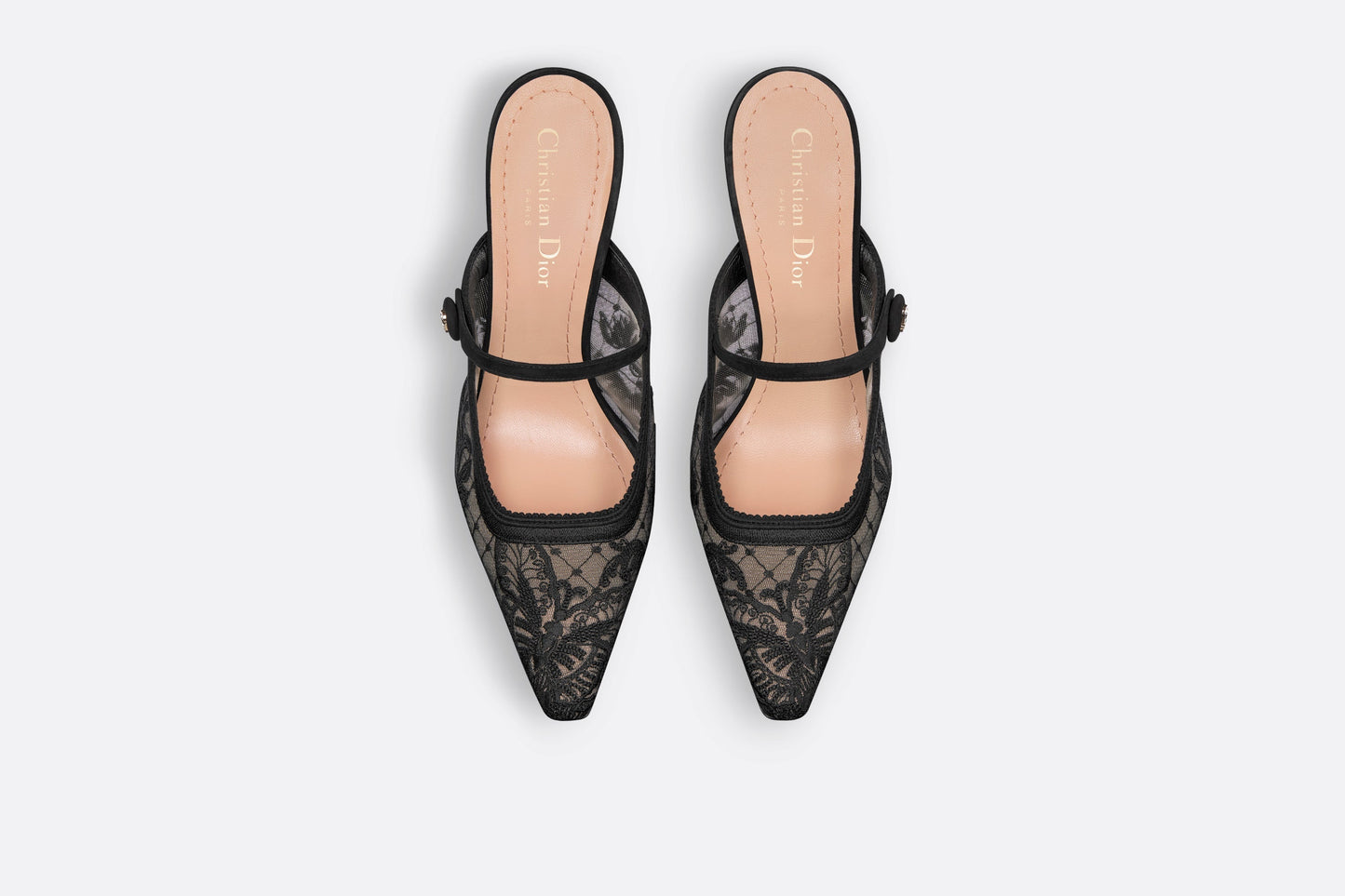 Dior Capture Heeled Mule • Transparent Mesh Embroidered with Black Butterfly Motif and Suede Calfskin