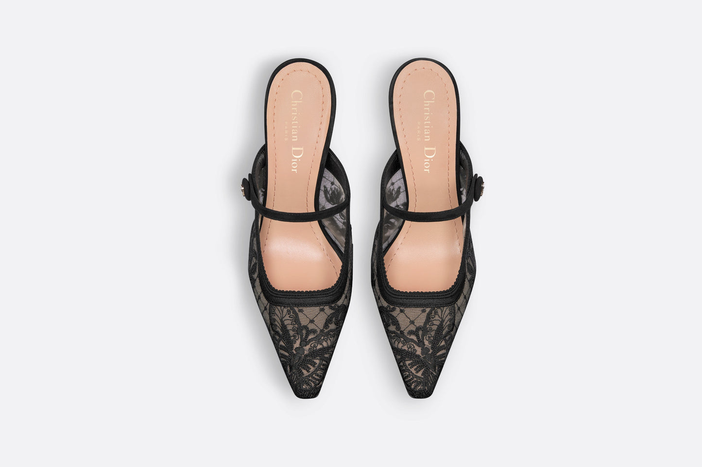 Dior Capture Heeled Mule • Transparent Mesh Embroidered with Black Butterfly Motif and Suede Calfskin