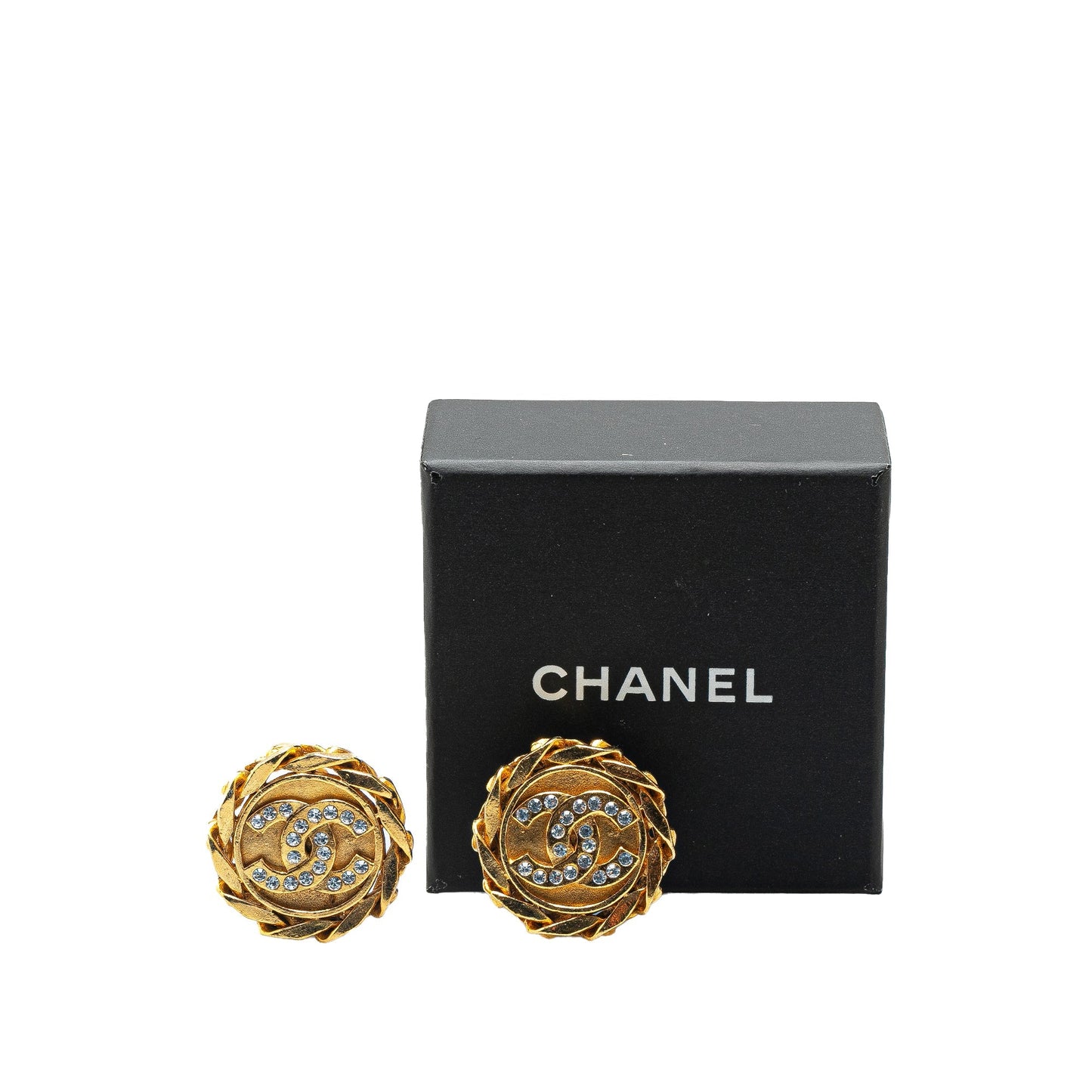 Gold Chanel Gold Plated Rhinestone CC Clip On Earrings