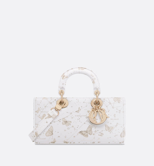 Medium Lady D-Joy Bag • White and Gold-Tone Calfskin with Butterfly Zodiac Print