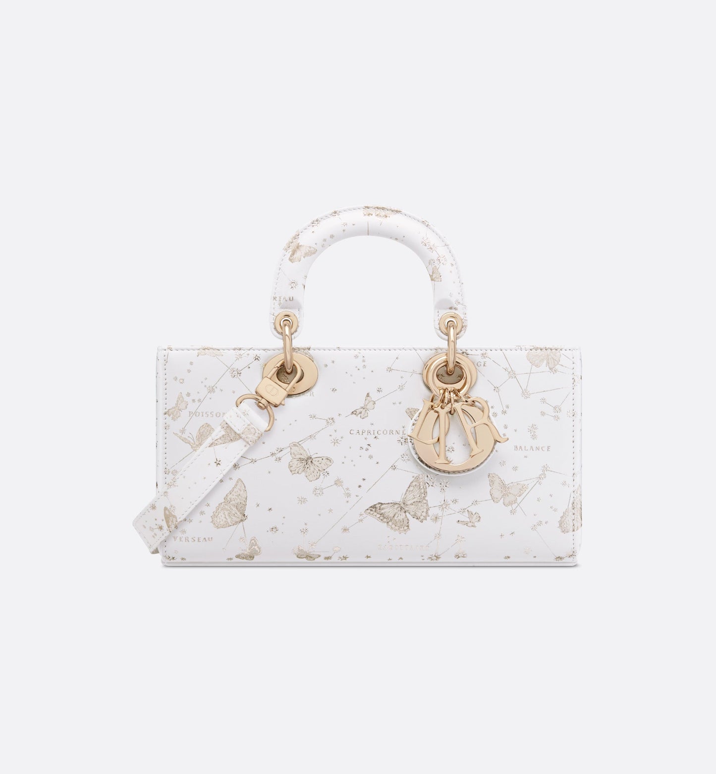 Medium Lady D-Joy Bag • White and Gold-Tone Calfskin with Butterfly Zodiac Print