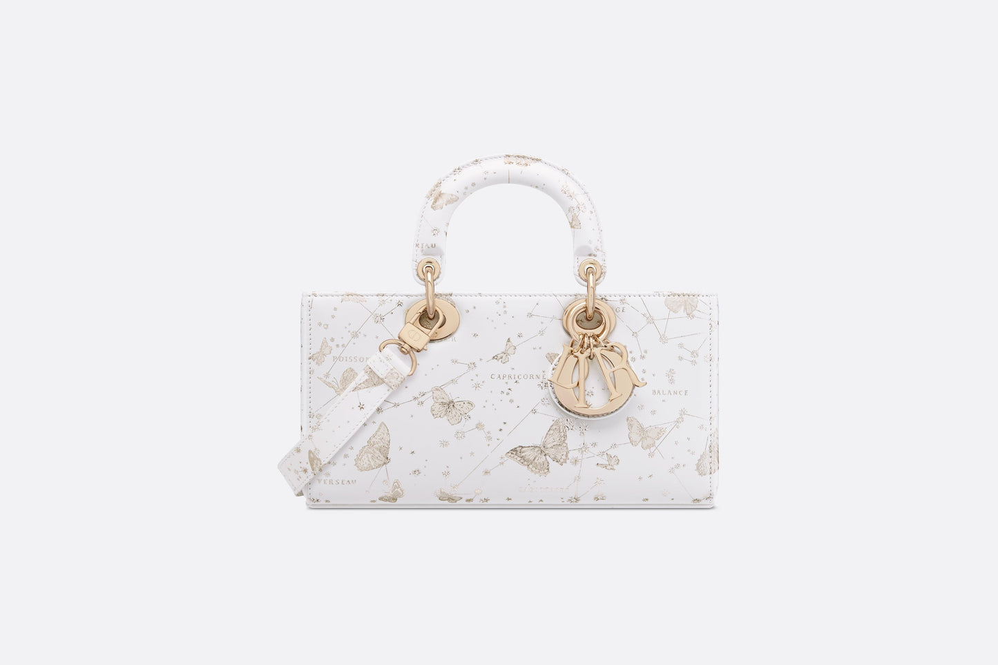 Medium Lady D-Joy Bag • White and Gold-Tone Calfskin with Butterfly Zodiac Print
