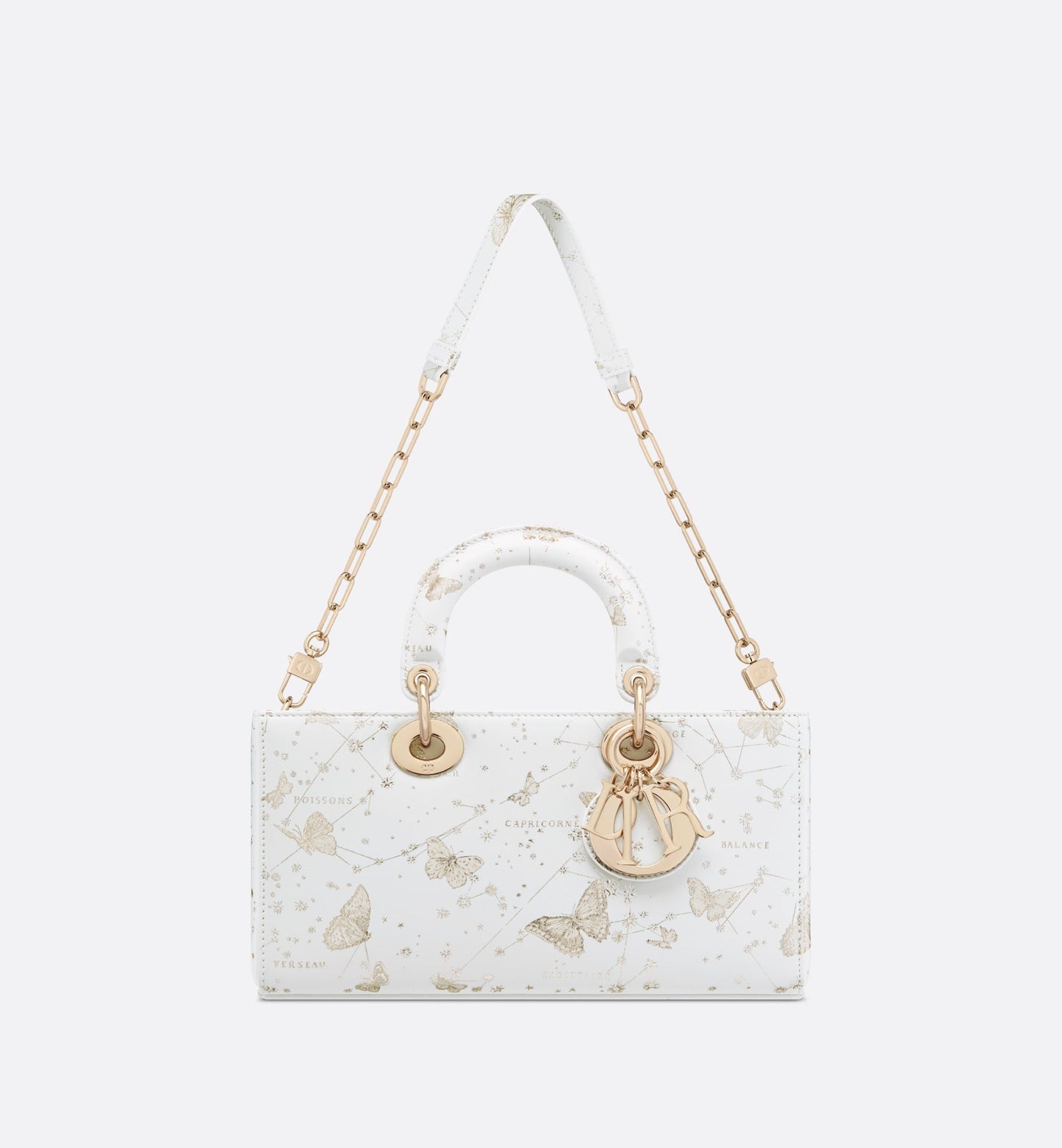 Medium Lady D-Joy Bag • White and Gold-Tone Calfskin with Butterfly Zodiac Print