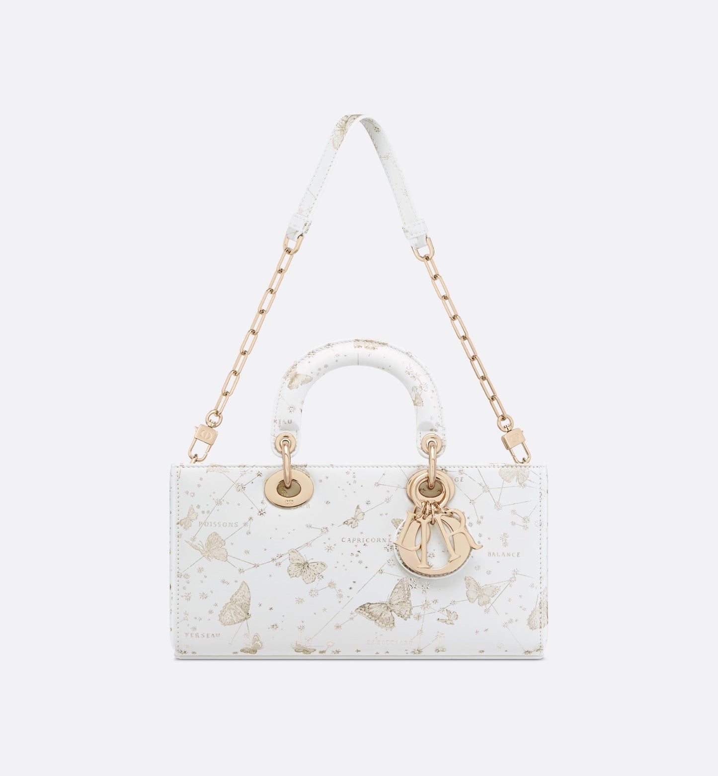 Medium Lady D-Joy Bag • White and Gold-Tone Calfskin with Butterfly Zodiac Print