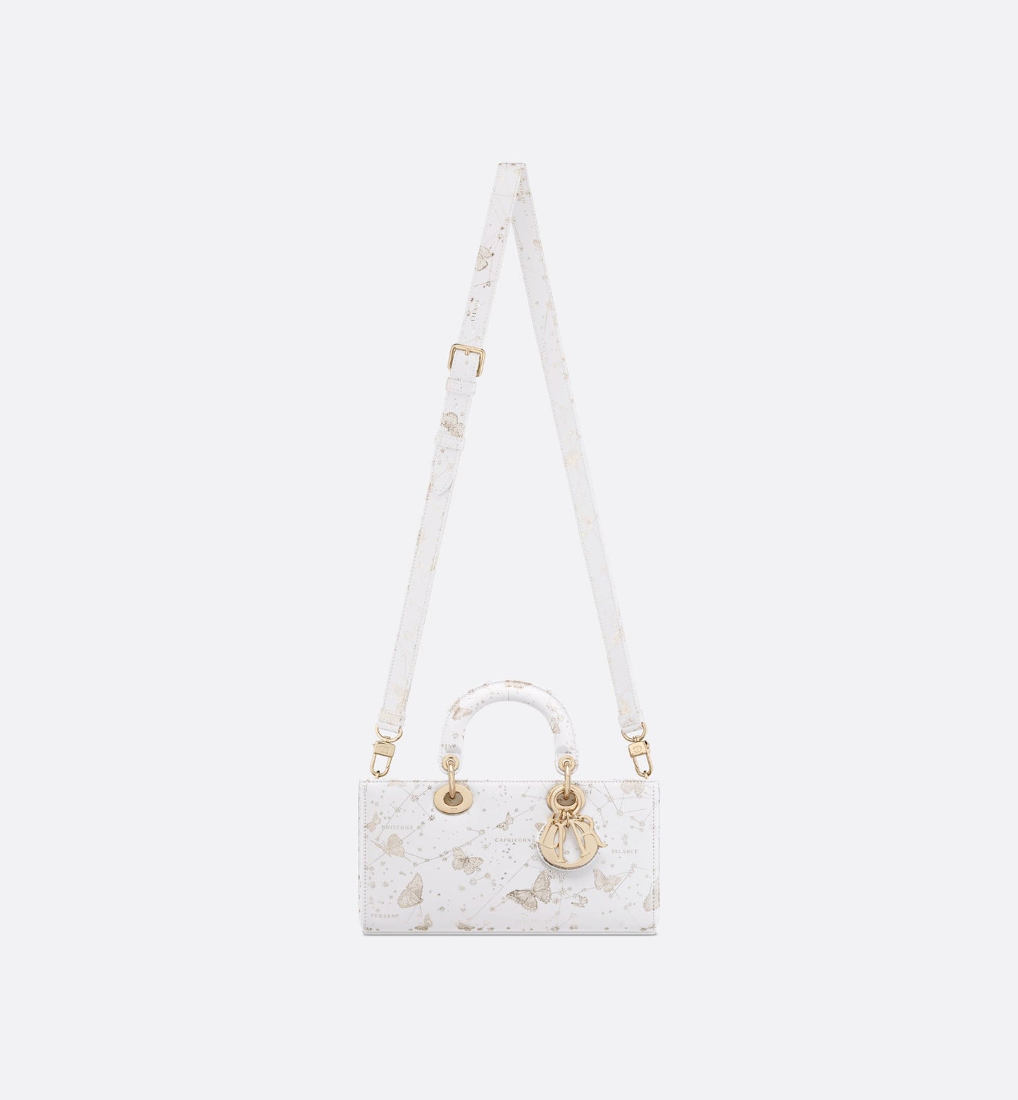 Medium Lady D-Joy Bag • White and Gold-Tone Calfskin with Butterfly Zodiac Print