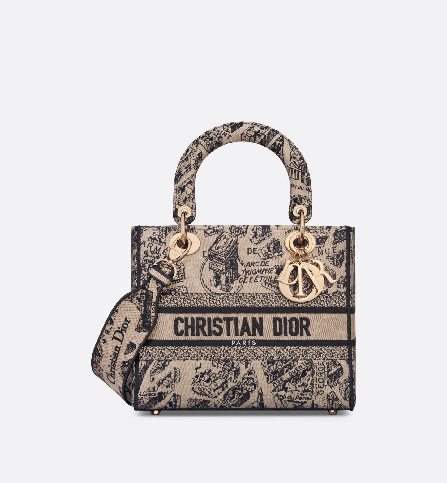 Medium Lady D-Lite Bag • Beige and Black Plan de Paris Embroidery