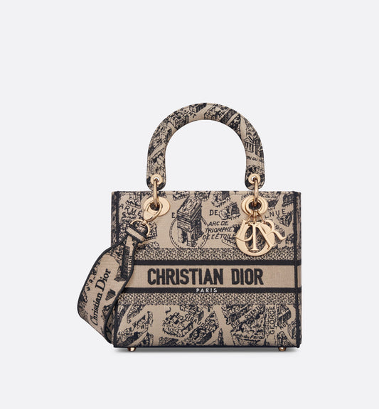 Medium Lady D-Lite Bag • Beige and Black Plan de Paris Embroidery