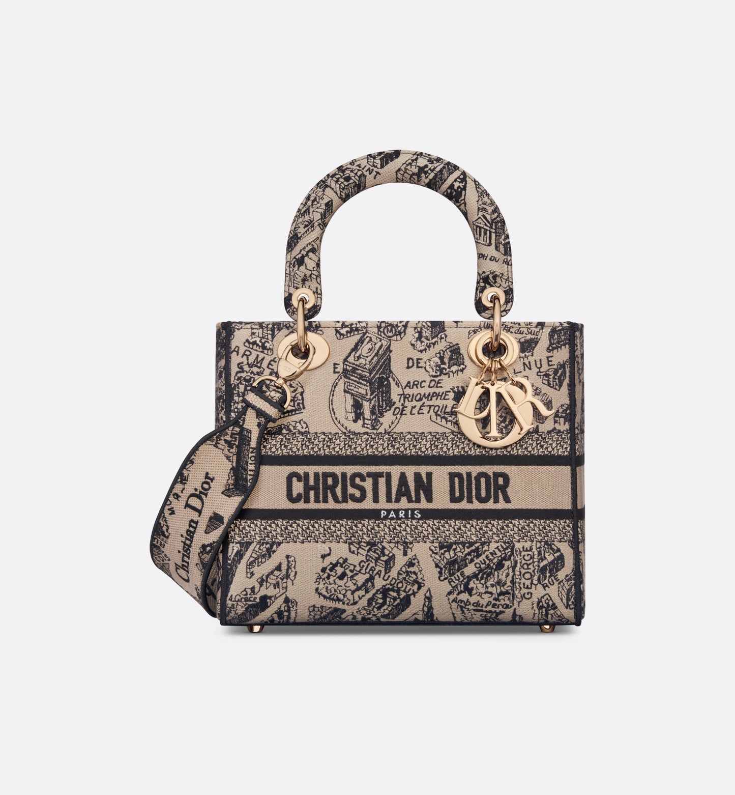 Medium Lady D-Lite Bag • Beige and Black Plan de Paris Embroidery