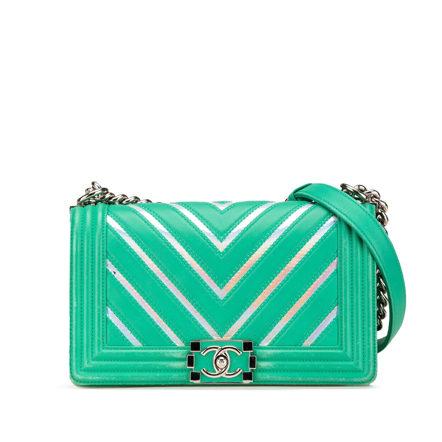 Green Chanel Medium Chevron Lambskin and Iridescent PVC Boy Flap Crossbody Bag