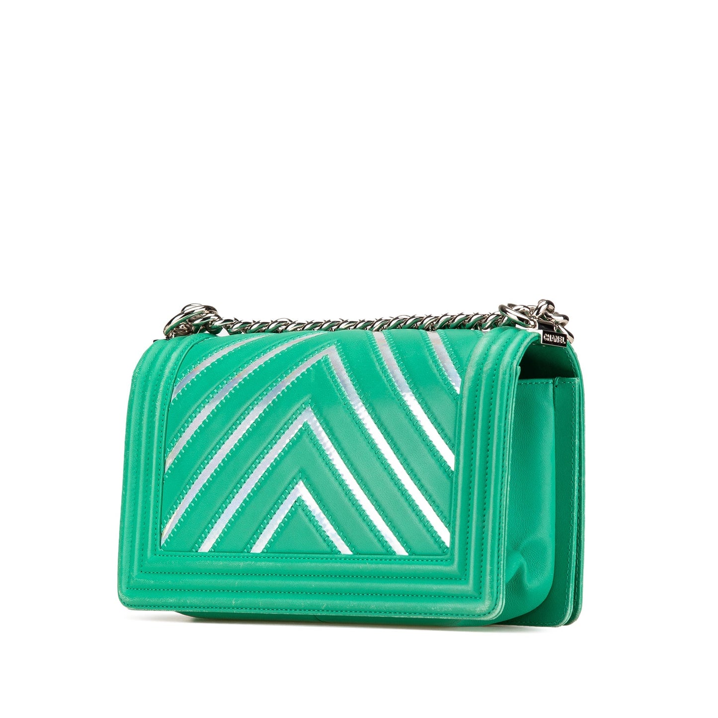 Green Chanel Medium Chevron Lambskin and Iridescent PVC Boy Flap Crossbody Bag