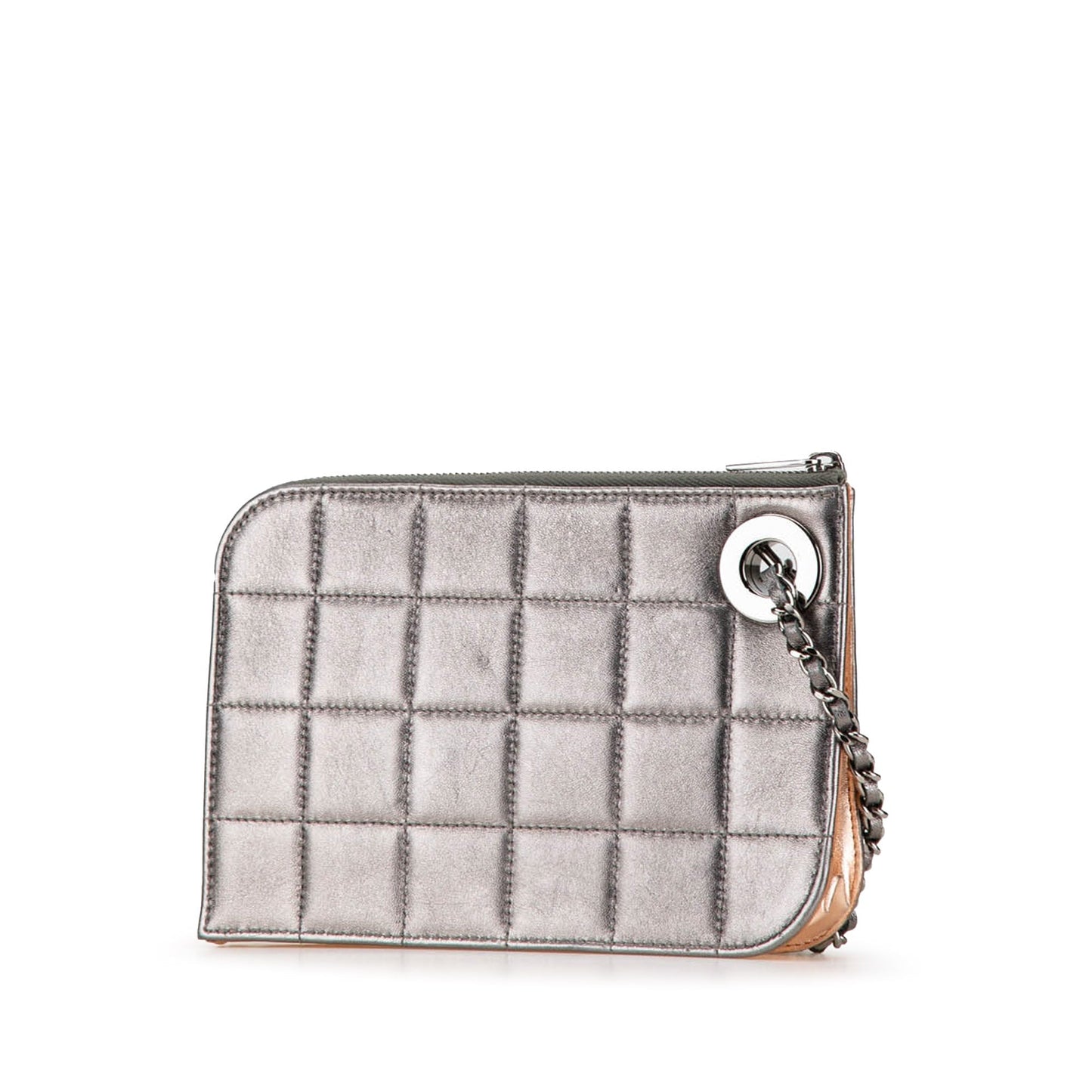 Silver Chanel Chocolate Bar Lambskin Handcuff Wristlet Clutch Bag