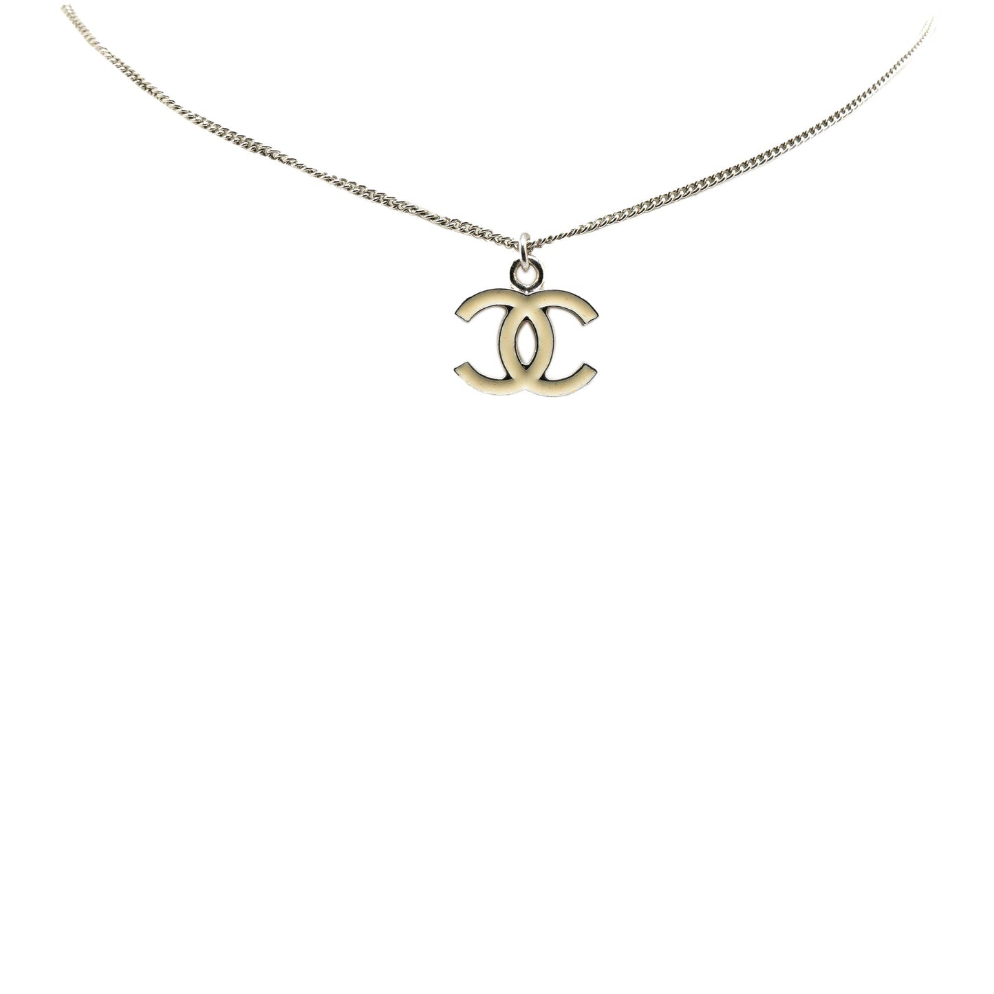 Silver Chanel Silver CC Enamel Pendant Necklace