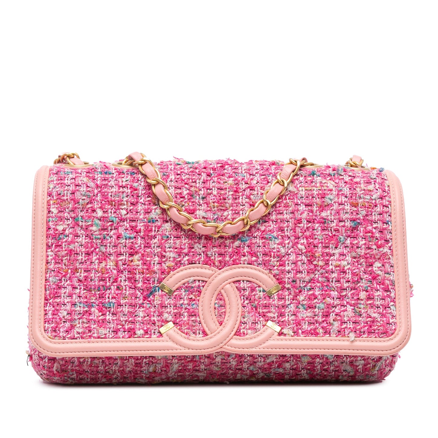 Pink Chanel Medium Tweed CC Filigree Flap Shoulder Bag