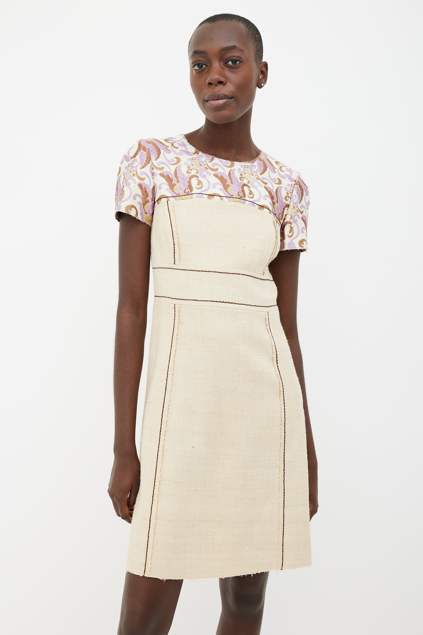 2015 Prada Beige & Purple Brocade Short Sleeve Dress