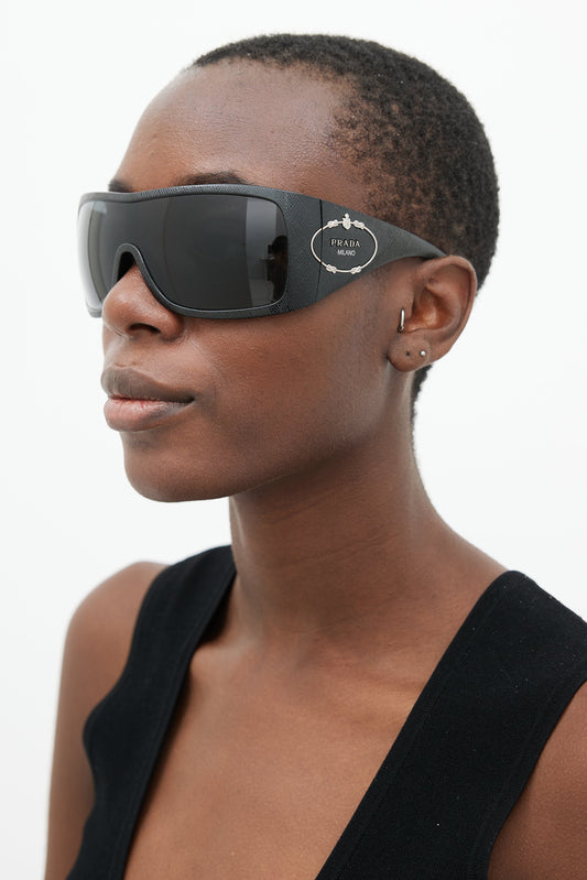 Black Embossed Oversize Shield Sunglasses