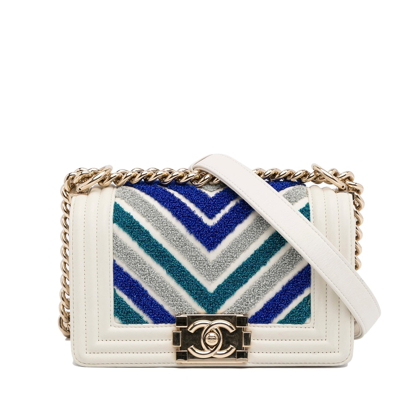 Chanel Boy Small White Embroidered Lurex Chevron Lambskin Gold