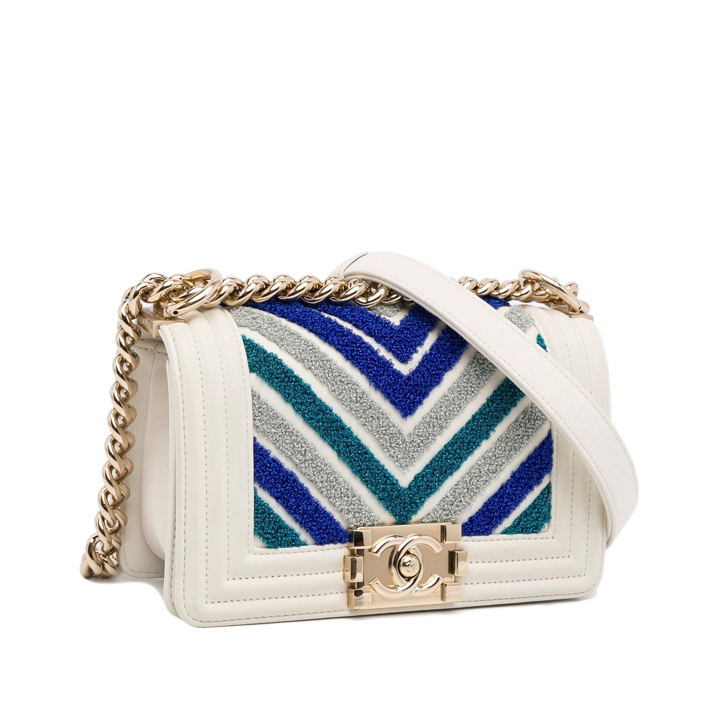Chanel Boy Small White Embroidered Lurex Chevron Lambskin Gold